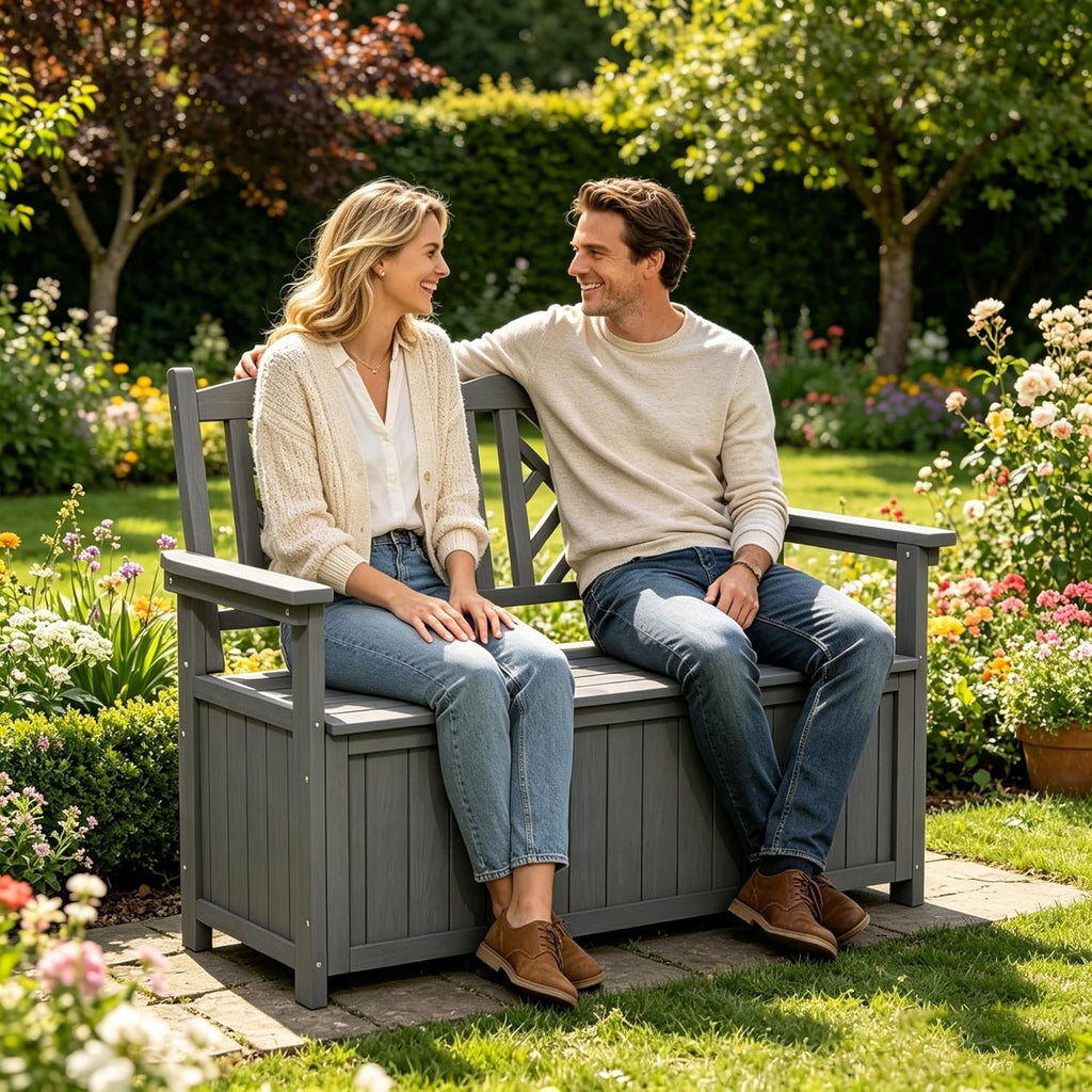 80 Gallon Outdoor Storage Bench Deck Box, Waterproof Weather Resistant Patio Bench with Armrests for Patio Garden and Porch, Large Capacity Storage Seat for Garden Tools, Cushions(Grey)