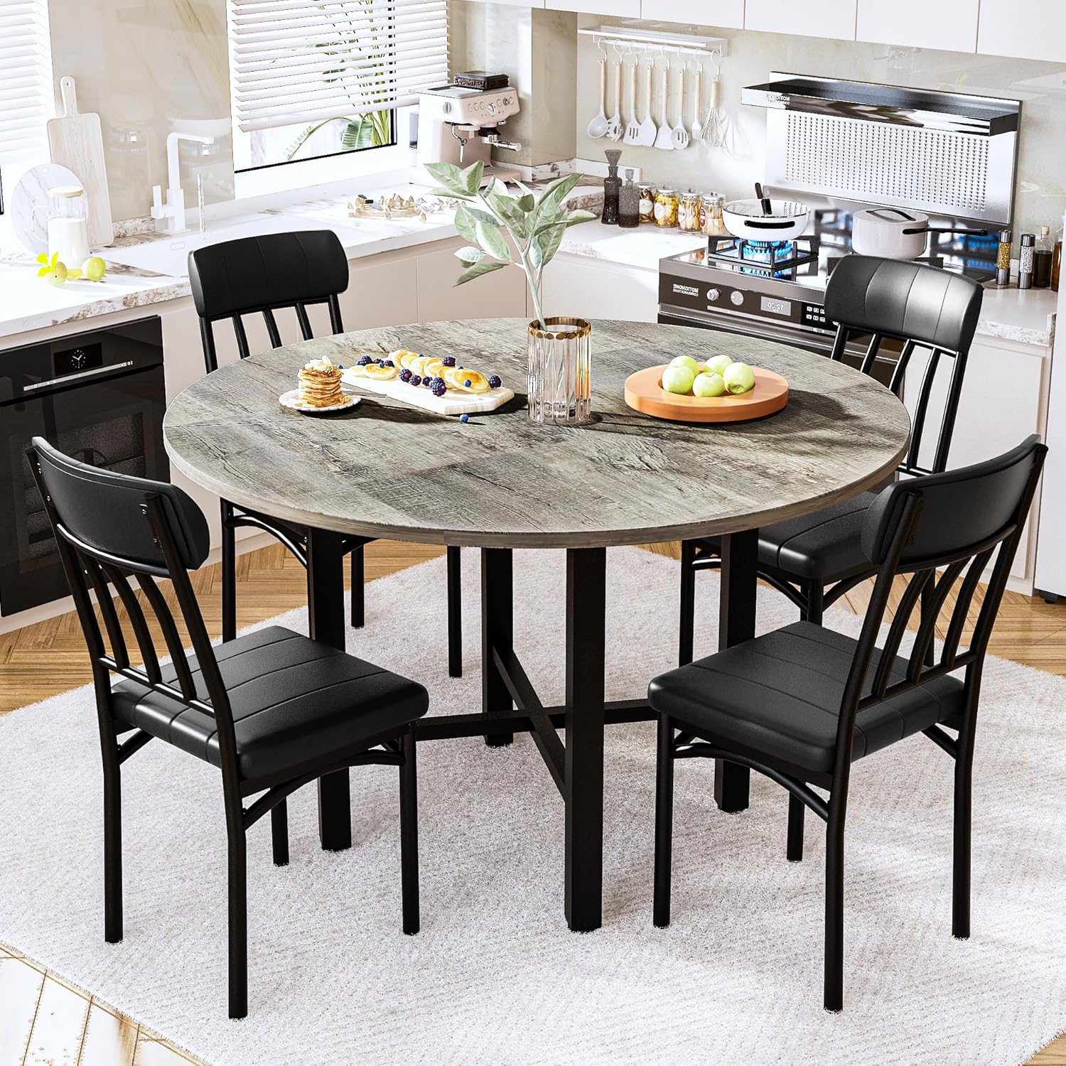 AWQM Round Dining Table Set for 4, Wood Circle Kitchen Table and Chairs Set for 4, Modern Dining Room Sets with 4 Faux Leather Chairs, Round Dinner Table for Small Space, Grey