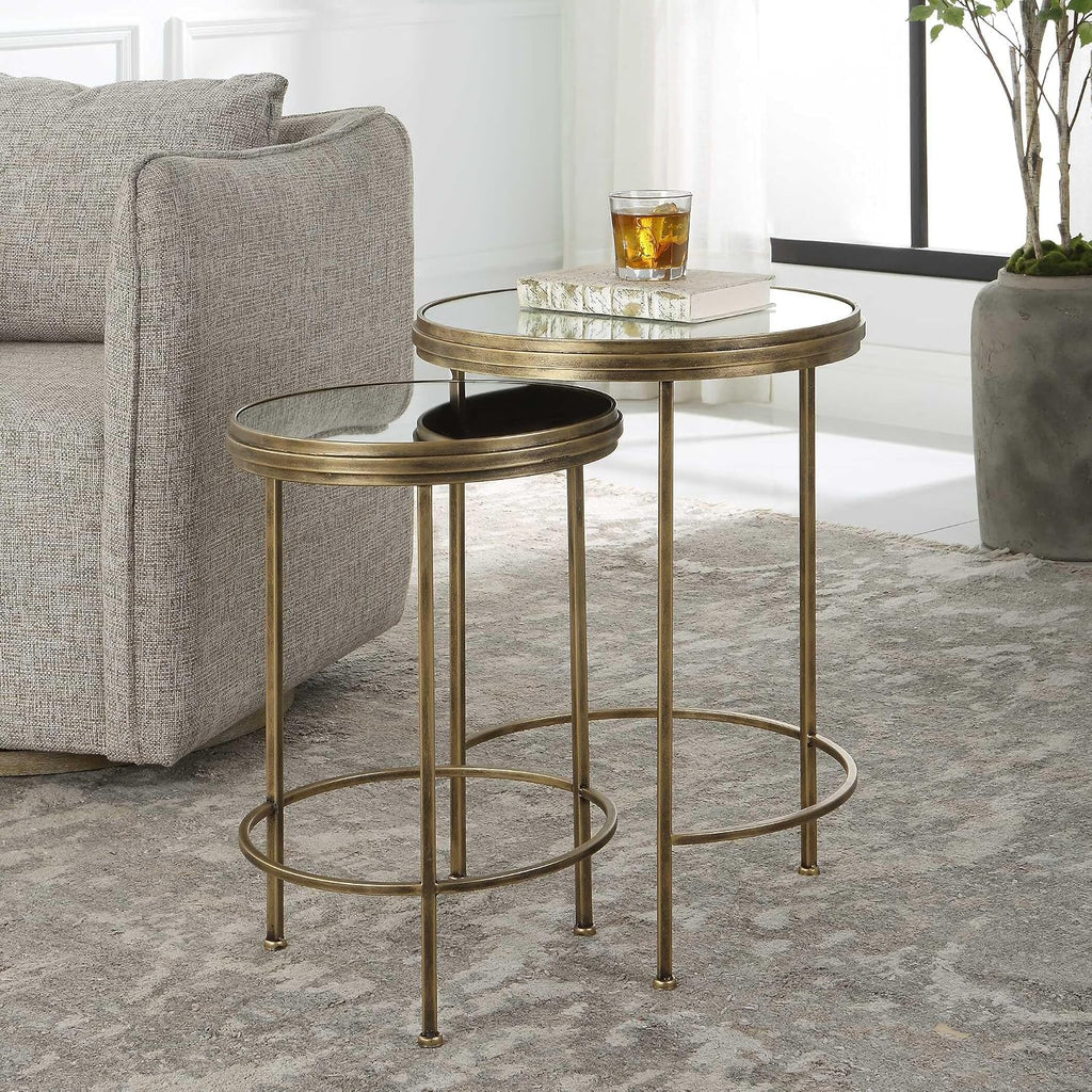 Set of 2 Antique Brushed Gold Iron Nesting Tables with Mirrored Glass Tops Modern Round Accent End Tables Luxury Living Room & Bedroom Side Tables, Space-Saving Nested Design