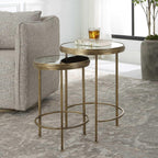 Set of 2 Antique Brushed Gold Iron Nesting Tables with Mirrored Glass Tops Modern Round Accent End Tables Luxury Living Room & Bedroom Side Tables, Space-Saving Nested Design