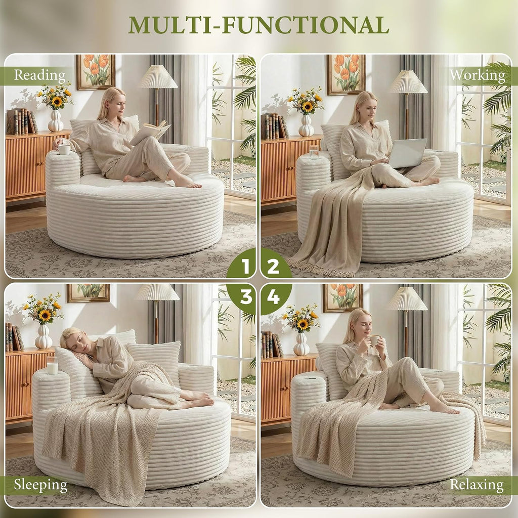 55.5" Oversized Round Chaise Lounge Chair Indoor with Stainless Steel Cup Holders, Modern Upholstered Corduroy Cloud Boneless Chair, Deep Seat Circle Floor Sofa for Living Room, No Assembly