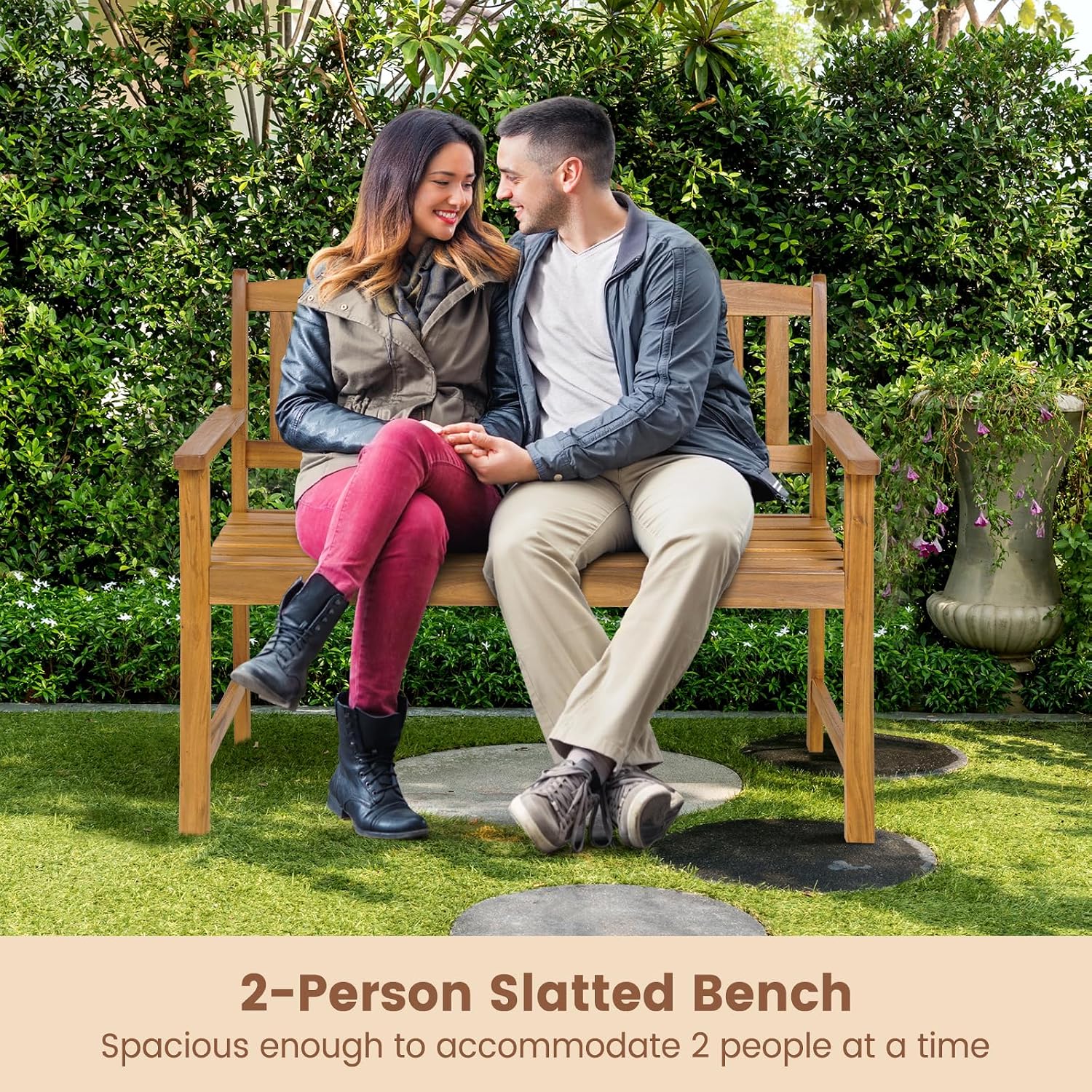 COSTWAY Wooden Bench Outdoor, Sturdy Outdoor Acacia Wood Bench for Garden, Park & Porch, 43”L x 22”W x 34”H, Teak