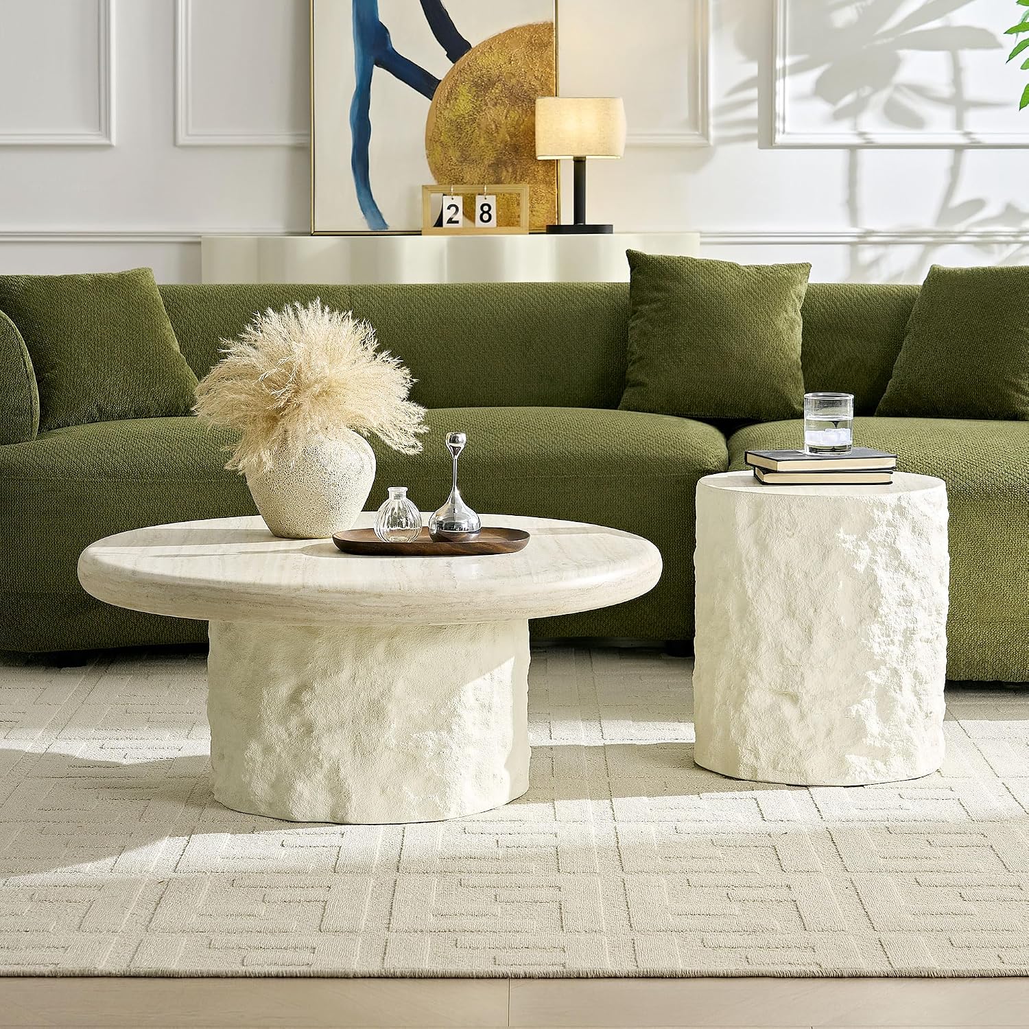 35" Durable Fiberglass Nightstand Couch Side Table with Round Edge Small Bedside Table with Modern Design for Living Room Office, Beige