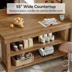 55" Solid Wood Kitchen Island with Storage, Farmhouse Kitchen Island Table with 3-Tier Open Shelves and Large Countertop for Kitchen, Dining & Living Room, Oak