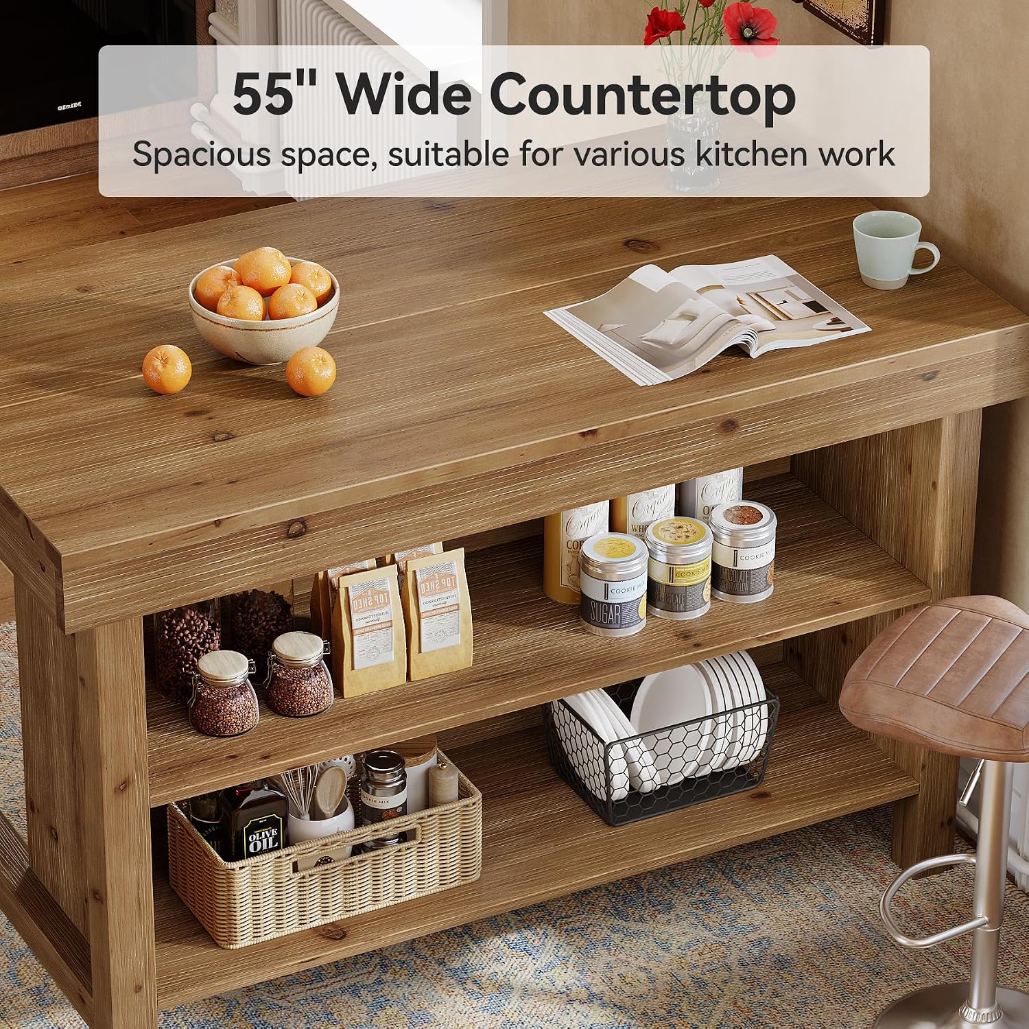 55" Solid Wood Kitchen Island with Storage, Farmhouse Kitchen Island Table with 3-Tier Open Shelves and Large Countertop for Kitchen, Dining & Living Room, Oak