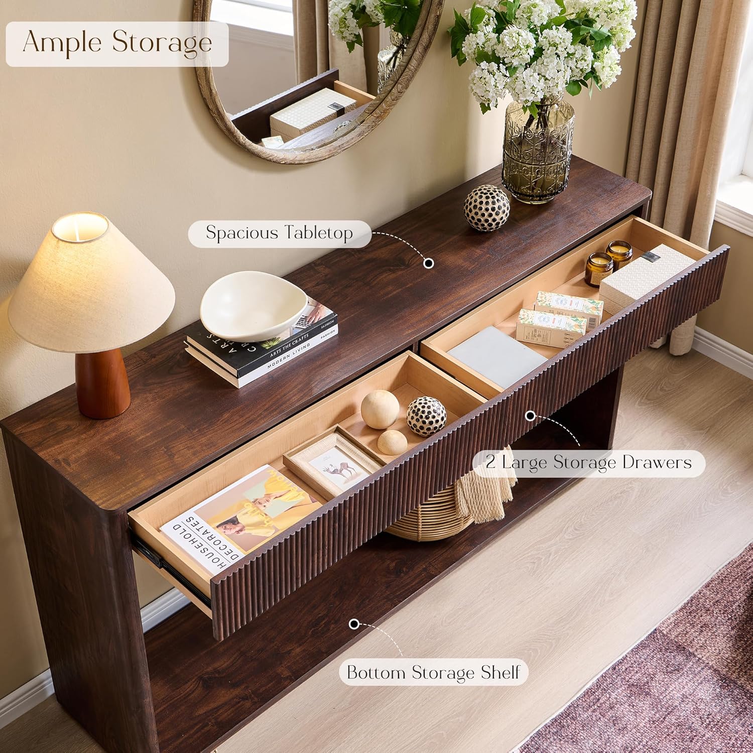 OKD 63" Fluted Console Table for Entryway, Modern Entryway Table with 2 Large Drawers, Long Sofa Table Behind Couch for Living Room, Hallway, Couch, Foyer，Dark Walnut