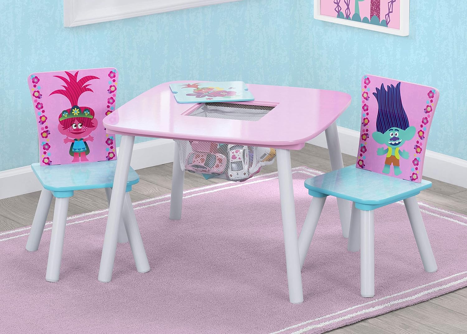 Delta Children Kids Table and Chair Set with Storage (2 Chairs Included), Trolls World Tour