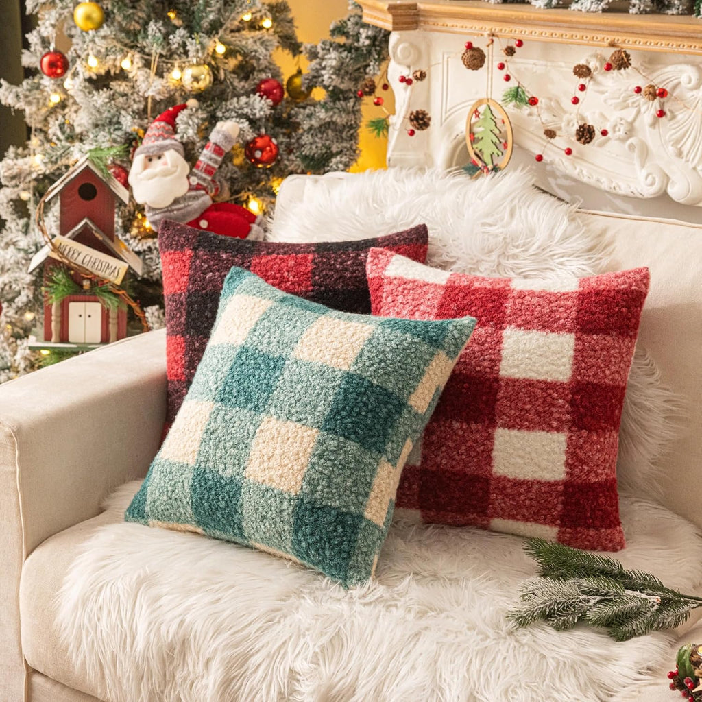 AQOTHES Red White Plaid Christmas Throw Pillow Covers 20x20 Inch Set of 2, Boucle Decorative Pillow Covers,Cozy Fluffy Home Living Room Farmhouse Decor for Sofa Couch Bed