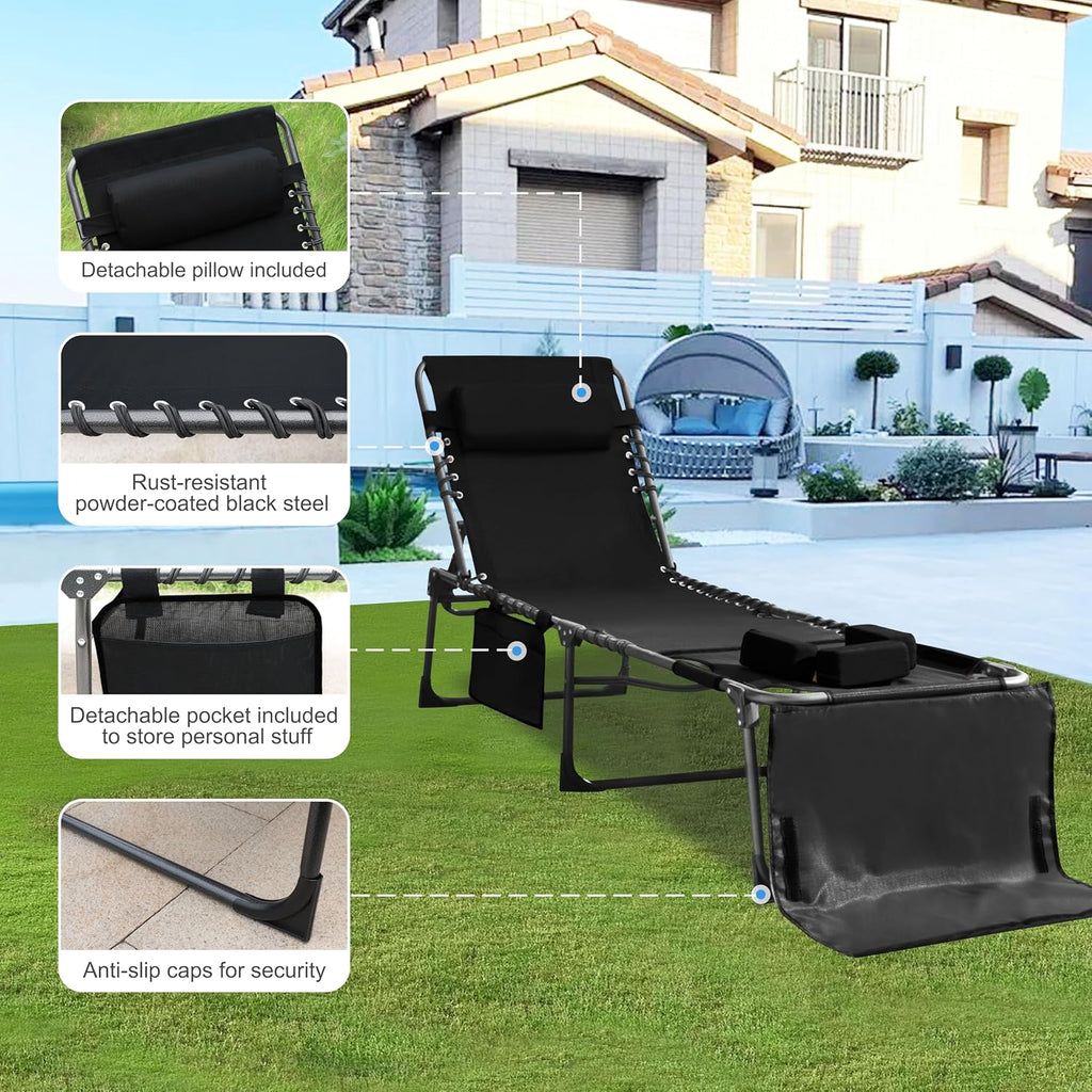 Outdoor Chaise Lounge Chair with Face Hole and Arm Hole, Tanning Chair with 5 Position Adjustable Back, Foldable Lounge Chair with Detachable Pocket and Pillow for Beach, Pool, Black
