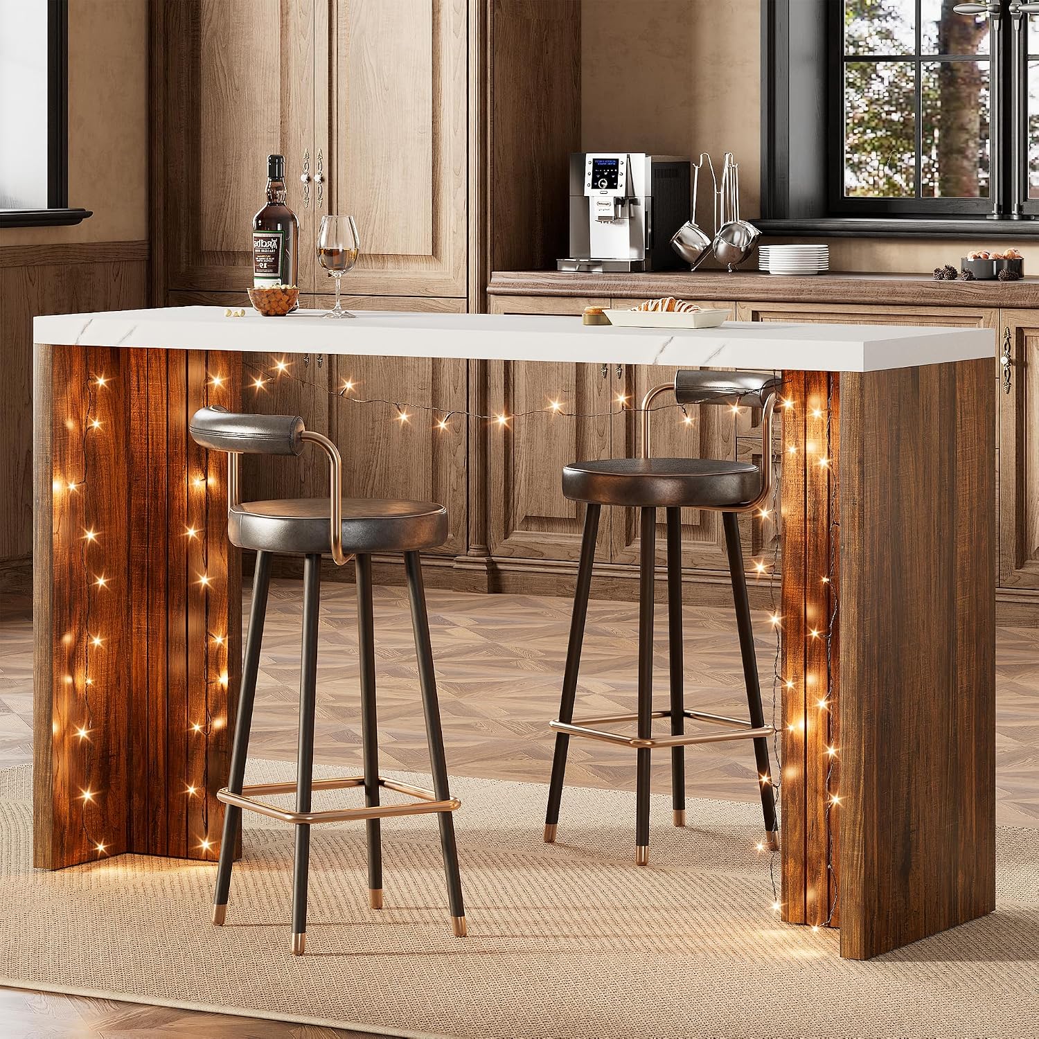 Bar Table for 4-6 People - 55” Long Counter Height Pub with Extra Thickened Tabletop, Modern Rectangular Home Bar Coffee Unit for Kitchen, Dining Room, Balcony, Living Room, Basement, White+Walnut