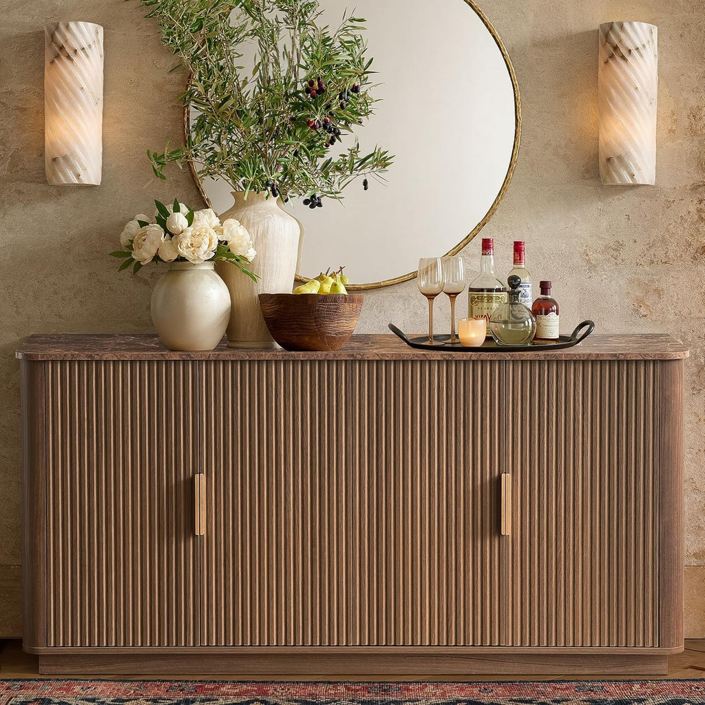 WIN2WIN 63" Fluted Sideboard Buffet Cabinet with Storage, Mid Century Modern Credenza with Faux Marble Top, Curved Corners, Wood Media TV Console Accent Cabinet for Living Room Kitchen Hallway, Walnut