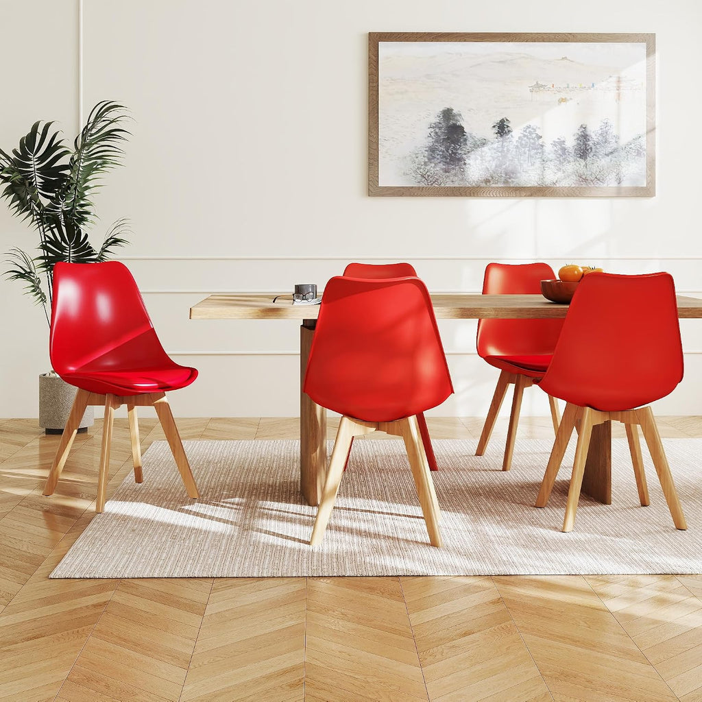LSSBOUGHT Mid Century Modern Dining Chairs,Shell Lounge Plastic Side Chair with Soft Padded and Wooden Legs for Dining Room Living Room Bedroom Kitchen Set of 2 (red)