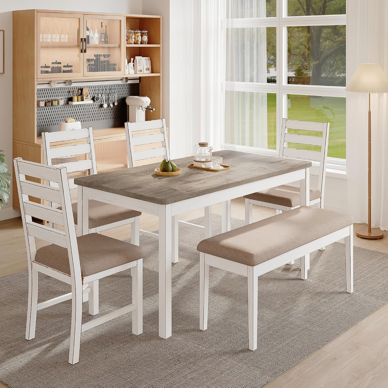 59" Dining Table Set Farmhouse Rectangular White Kitchen Room Table & Chairs Set Solid Wood Stable Space Saving Easy Clean (1 Bench& 4 Chairs)