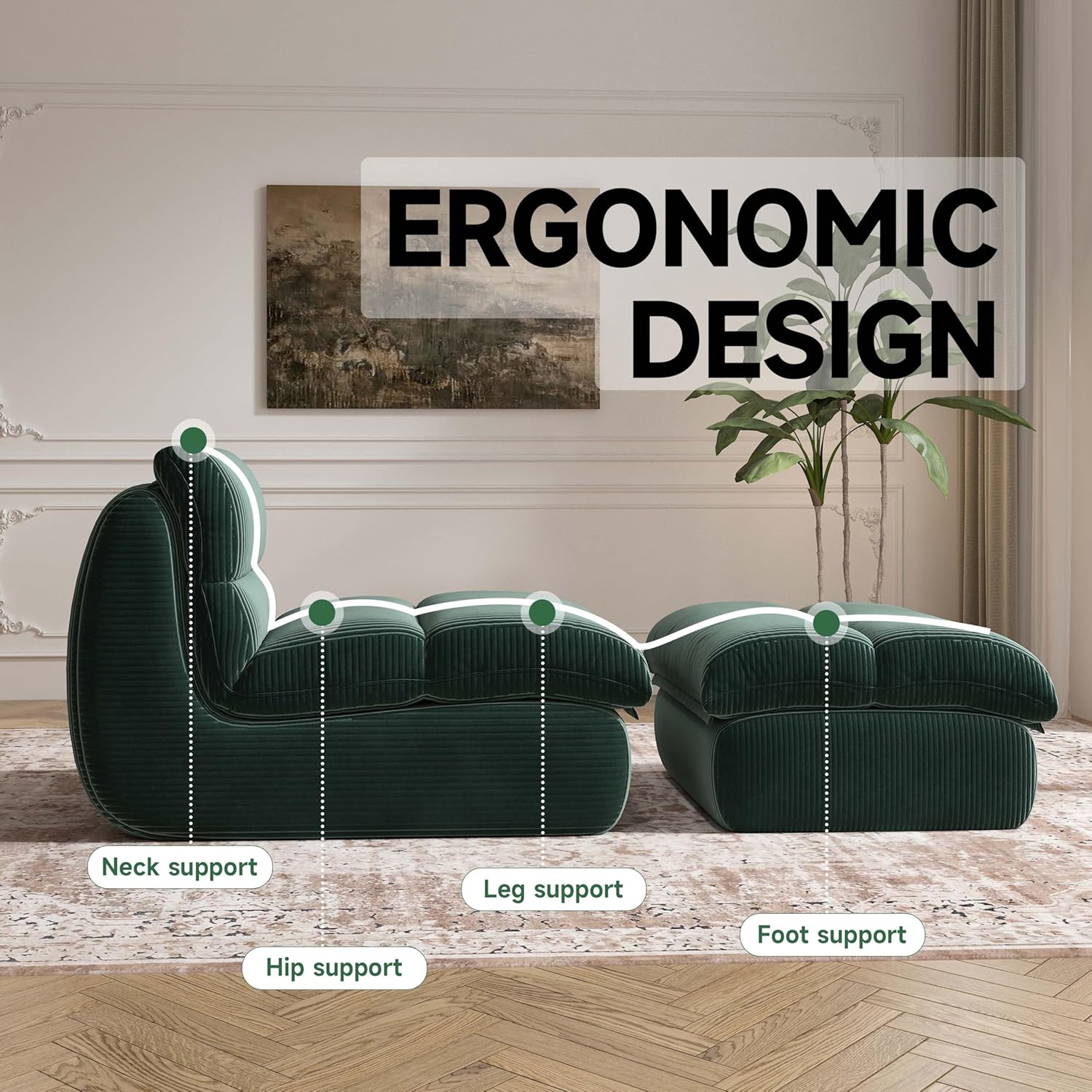 YVDNHP Bean Bag Chair with Ottoman, Cozy Comfy Reading Nook Chairs, Ultra Soft Corduroy Fabric Bean Bag Chairs for Adults, Reading Chair with Ottoman for Living Room, Bedroom Apartment (Green)
