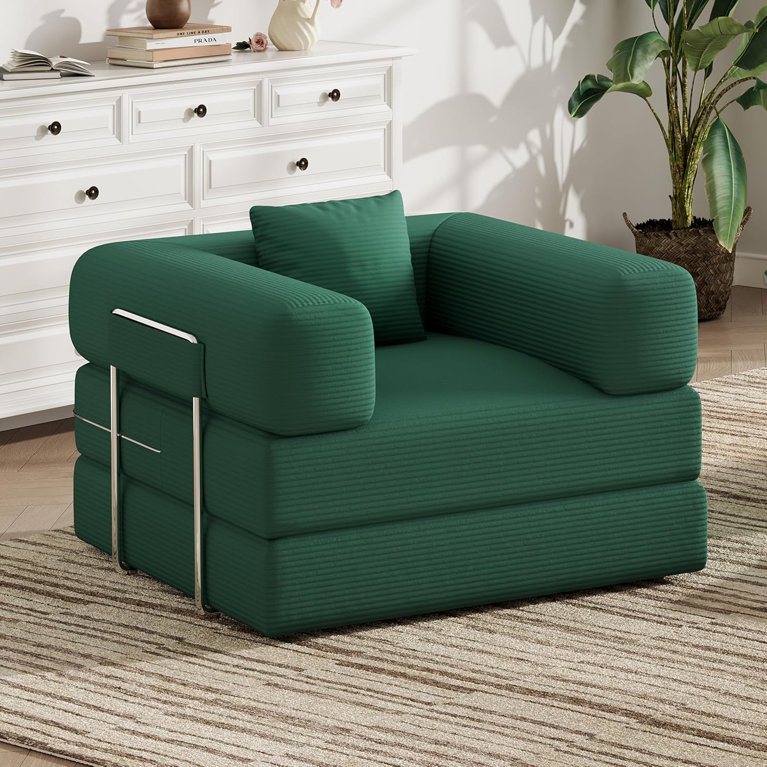 Single Couch Sofa for Small Spaces 2 in 1 Convertible Sofa to Lounger Comfy Bean Bag Chair for Adults with Removable Cover with Pillows for Bedroom, Apartment, Office (Green, 35.43" Single Sofa)