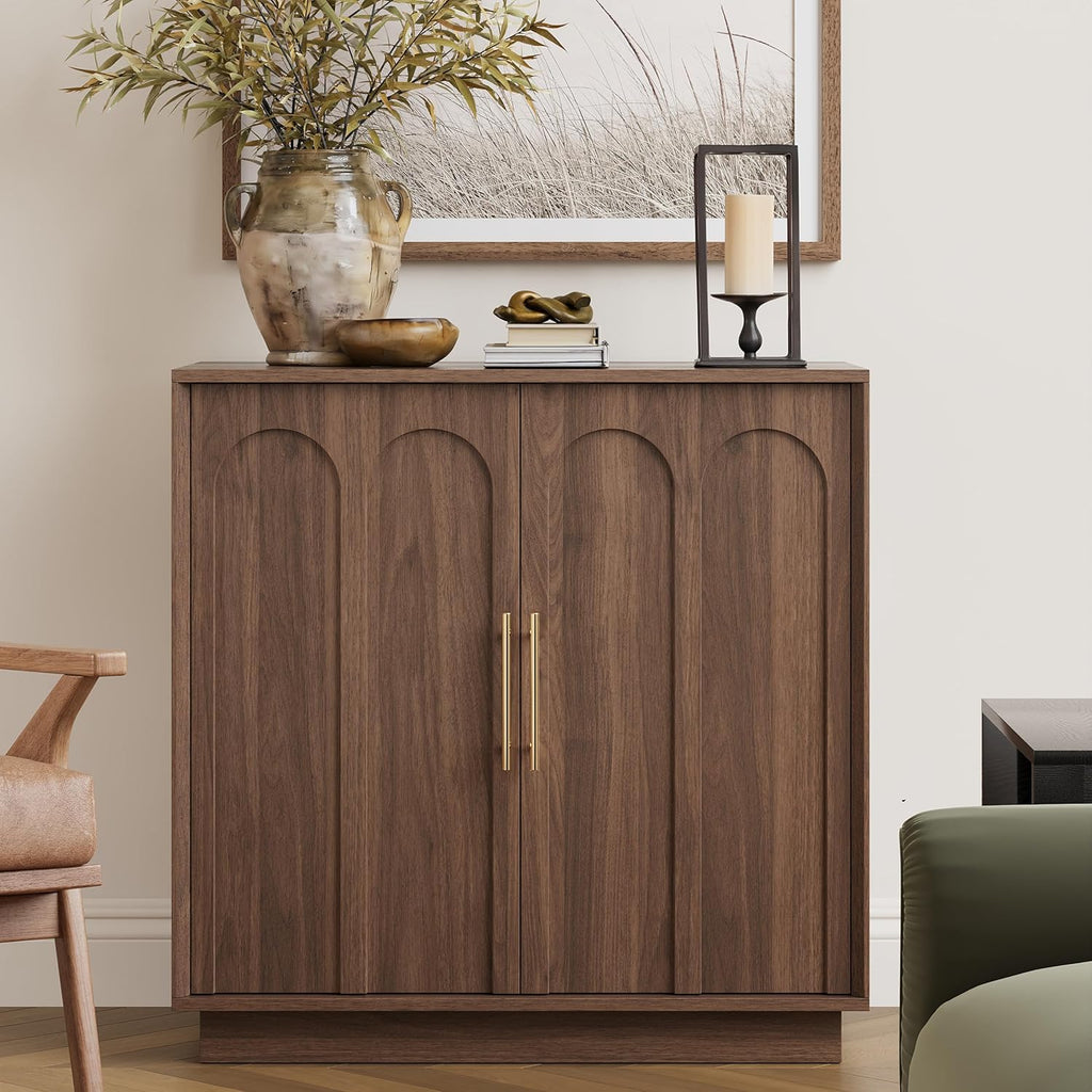 FORTUNETEC Sideboard Buffet Cabinet with Storage, Mid Century Modern Accent Cabinet with Arched Doors, Modular Media Console, Minimalist Credenza for Living Room Kitchen Dining Room Entryway, Walnut