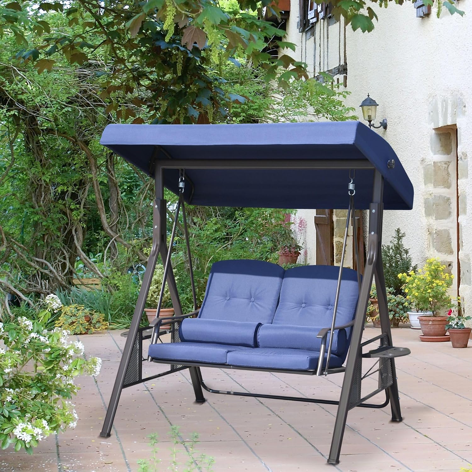 Outdoor Patio Swing Chair for Two with Tilting Canopy and Cushions
