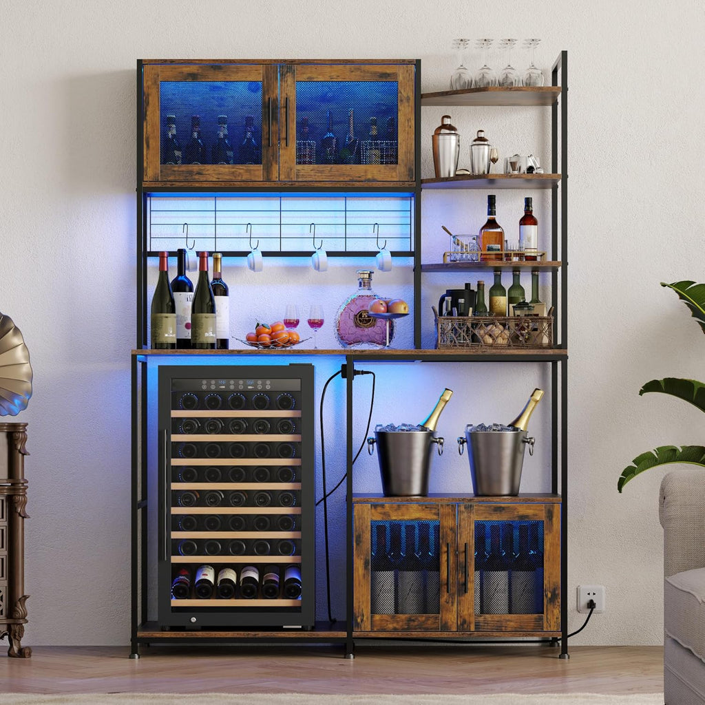 Loomie Bakers Rack with Power Outlet and LED Light, 71" Tall Kitchen Microwave Stand with Fridge Space, Farmhouse Coffee Bar Cabinet with Mesh Doors, Kitchen Shelves with Hooks (Rustic Brown)