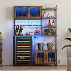 Loomie Bakers Rack with Power Outlet and LED Light, 71" Tall Kitchen Microwave Stand with Fridge Space, Farmhouse Coffee Bar Cabinet with Mesh Doors, Kitchen Shelves with Hooks (Rustic Brown)