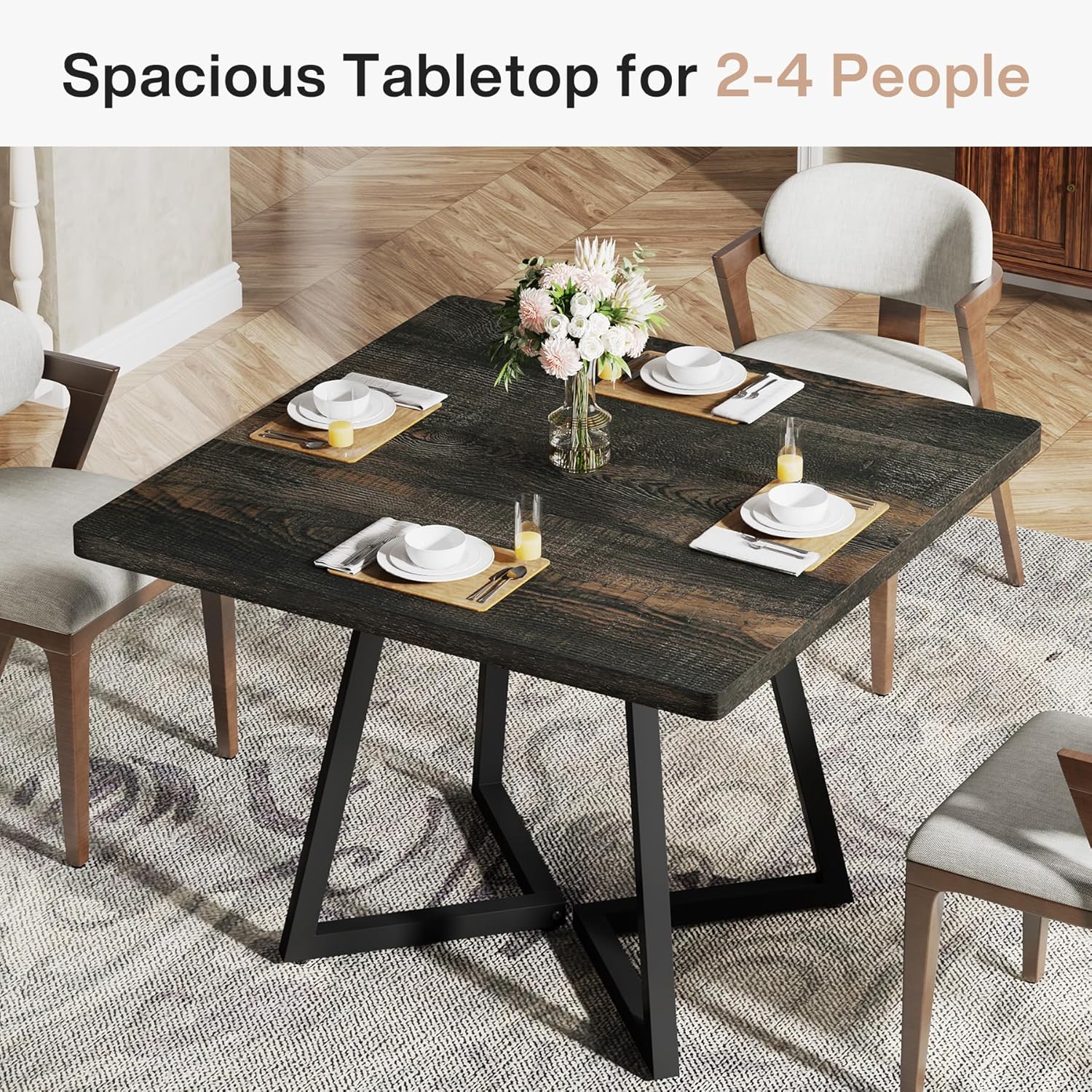 Tribesigns Square Dining Table for 2, 31.5" Industrial Dinner Table with Metal Base, Kitchen Table for Dining Room, Small Space, Apartment, Rustic Brown & Black