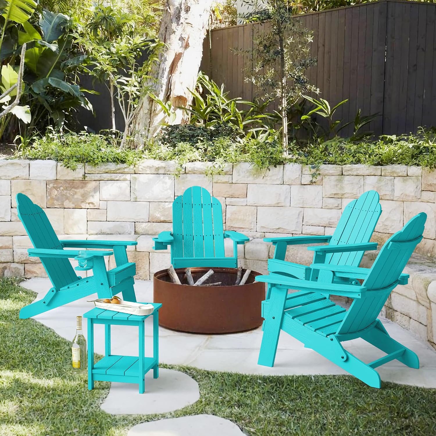 LUE BONA Folding Adirondack Chair Set of 2, HDPS Weather Resistant Outdoor Patio Chair for Balcony Garden, 350lbs Heavy Duty, One-Step No-Pin Folding, Wood Grain Texture, Fire Pit Seating, Aruba Blue