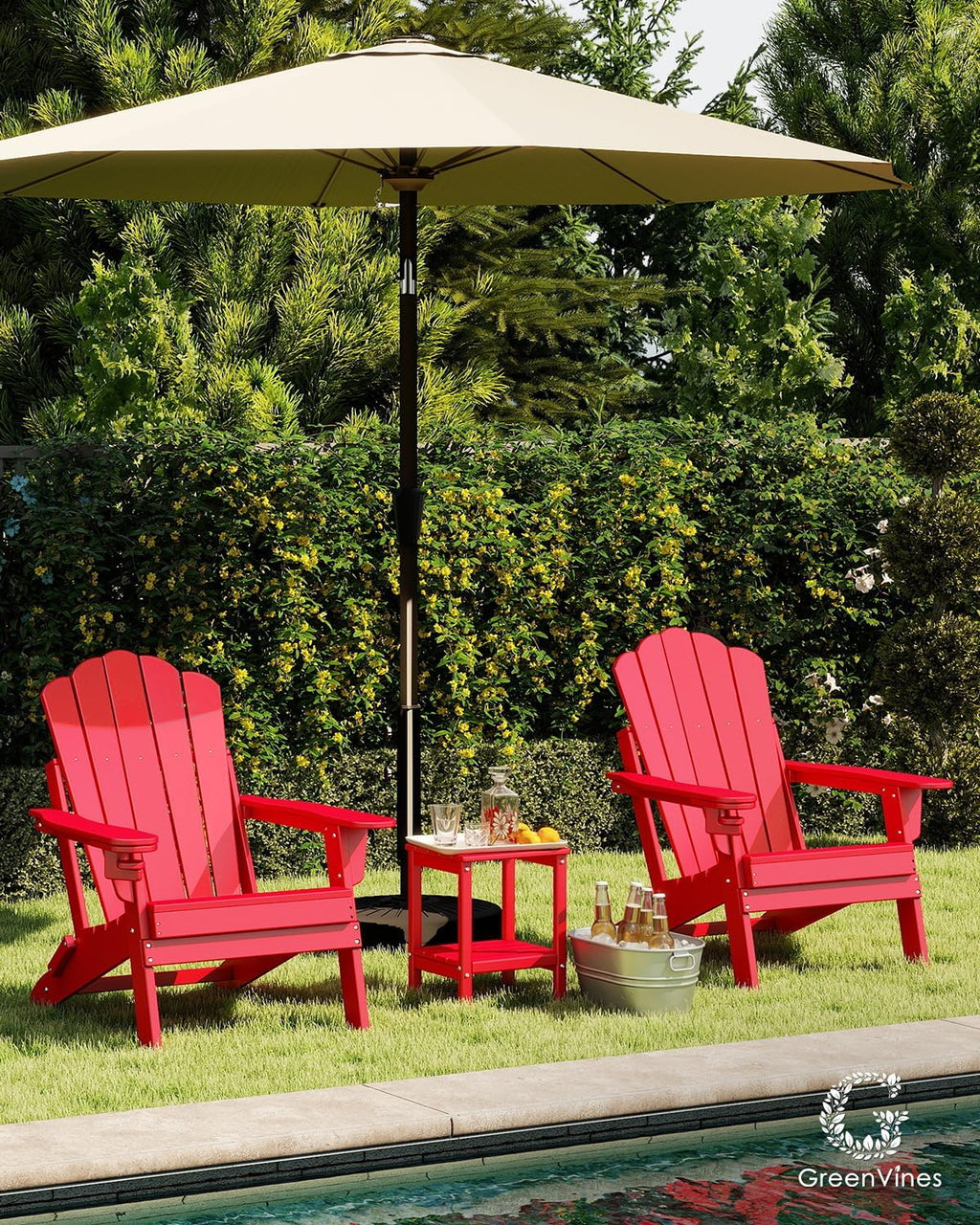 GREENVINES Oversized-Folding-Adirondack-Chairs-Set-of-2 | HDPE Plastic | Cup Holder | Fire Pit Chair | All Weather | for Outdoor Deck Backyard | Red