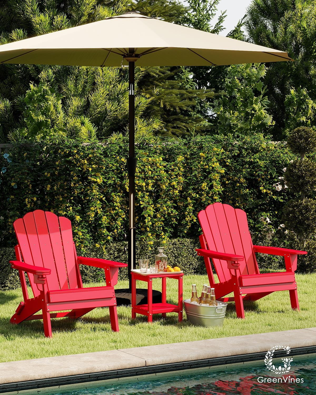 GREENVINES Oversized-Folding-Adirondack-Chairs-Set-of-2 | HDPE Plastic | Cup Holder | Fire Pit Chair | All Weather | for Outdoor Deck Backyard | Red