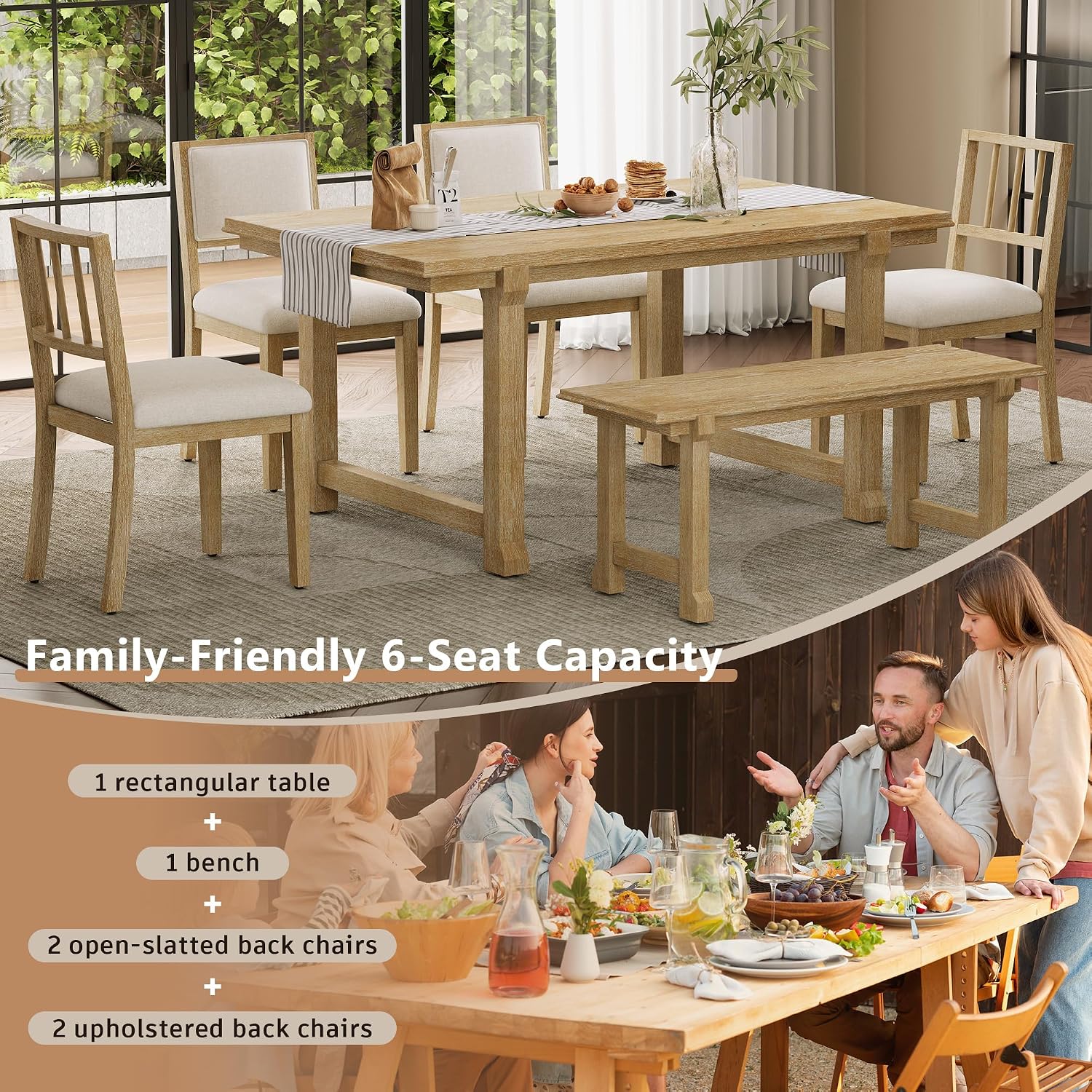LUMISOL 6-Piece Dining Table Set for 6, Farmhouse Kitchen Table Set with 4 Upholstered Chairs with Bench, Solid Wood Table and Chairs Set for Kitchen, Dining Room, Natural Wood Wash+Beige