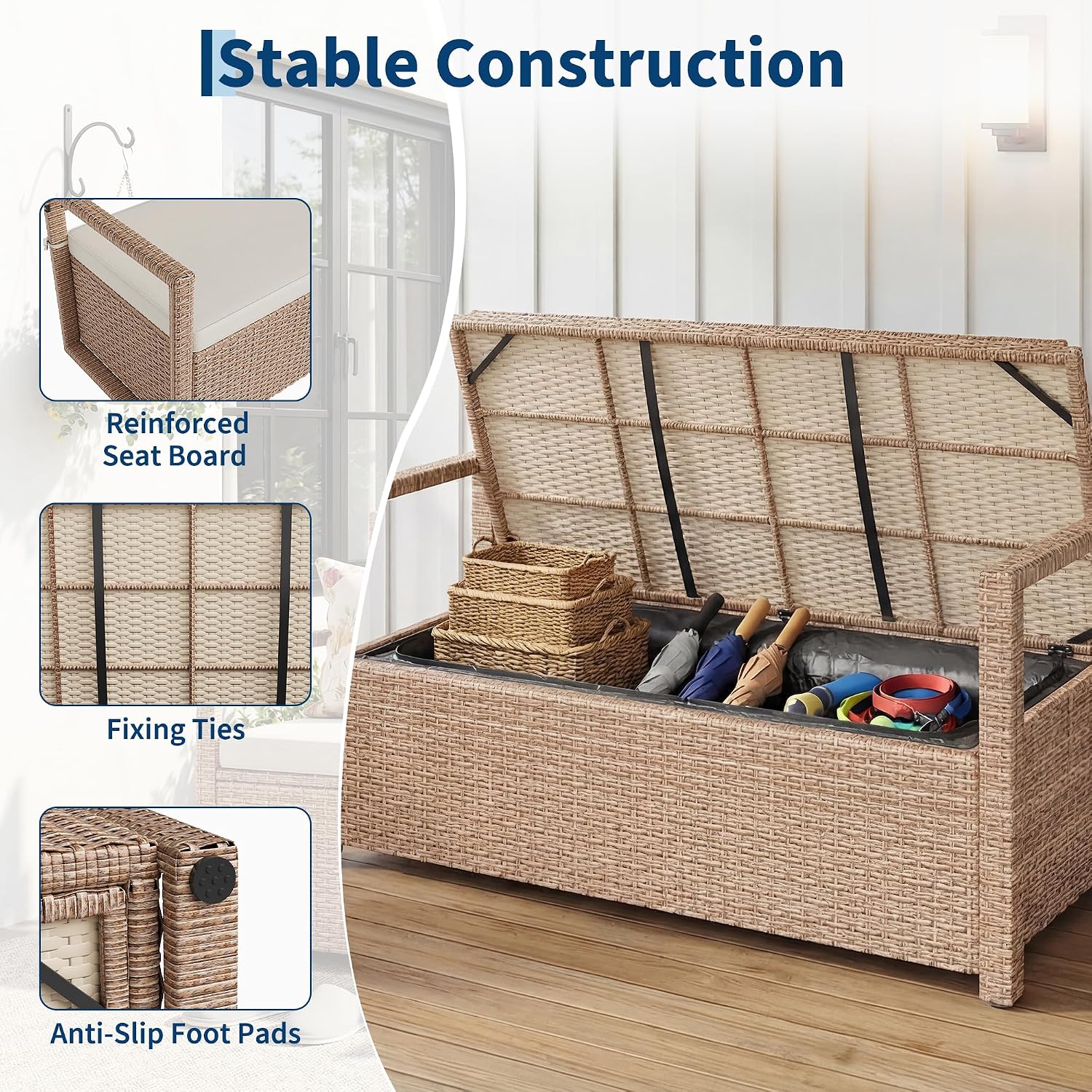 Litake Outdoor PE Rattan Storage Bench with Cushion – Iron & Plastic Wood Frame, Waterproof Fabric Seat – for Patio, Garden, Porch – Yellow or Dark Brown Rattan