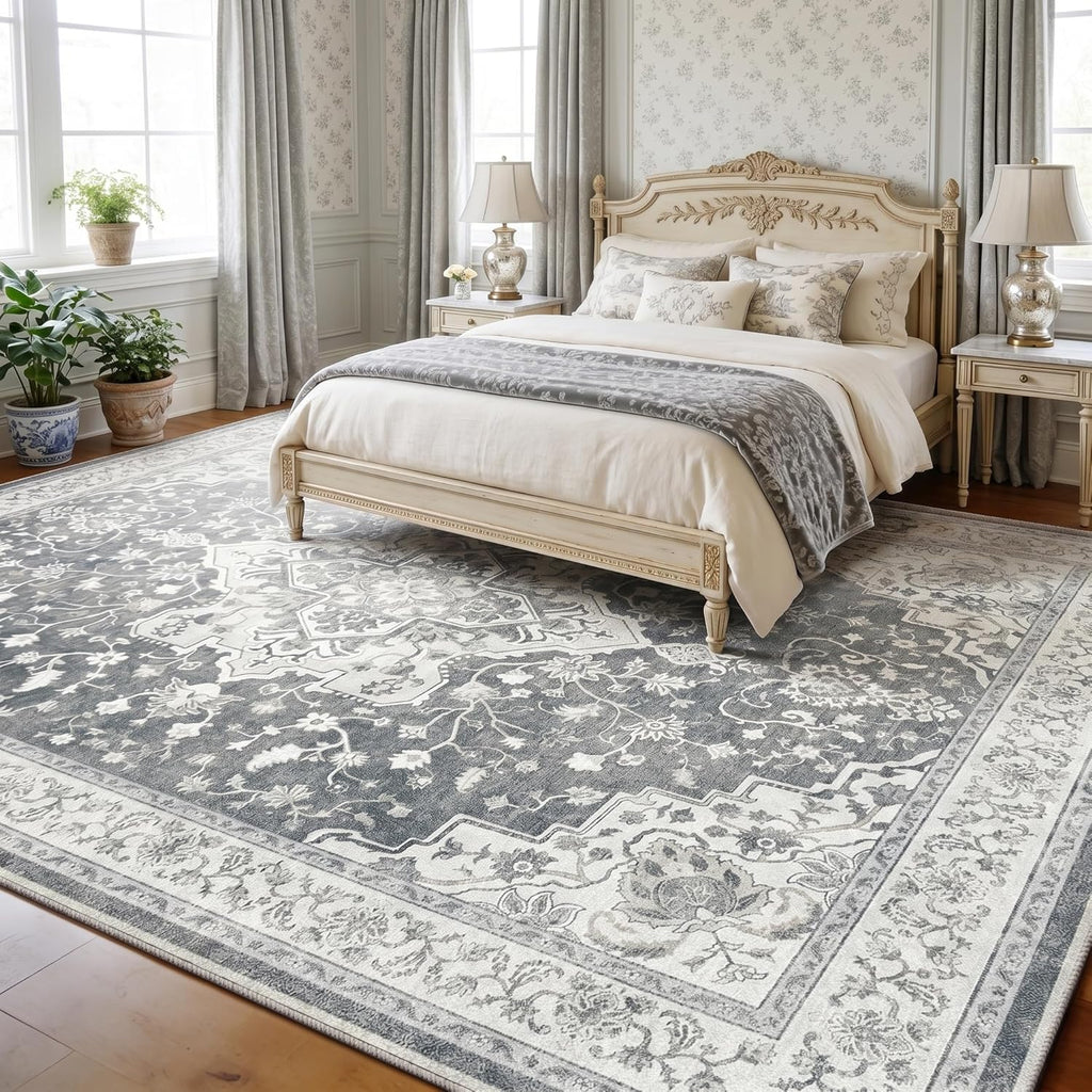 Marsail 8x10 Area Rugs,Rugs for Living Room,Bedroom,Machine Washable Area Rugs,Vintage Rug with Floral,Soft&Slip-Resistant Large Area Rug with Reinforced Bound Edges,Grey Rug