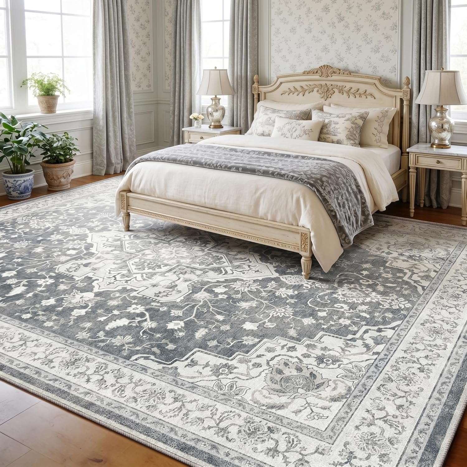 Marsail 8x10 Area Rugs,Rugs for Living Room,Bedroom,Machine Washable Area Rugs,Vintage Rug with Floral,Soft&Slip-Resistant Large Area Rug with Reinforced Bound Edges,Grey Rug