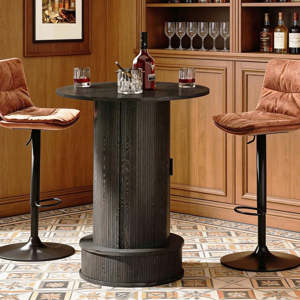 Small Round Bar Table with Slide Door & Hidden Storage, 38" High Bistro Pub Table with Footrest, Wooden Cocktail Table for Home Bar, Kitchen, Living Room, Black