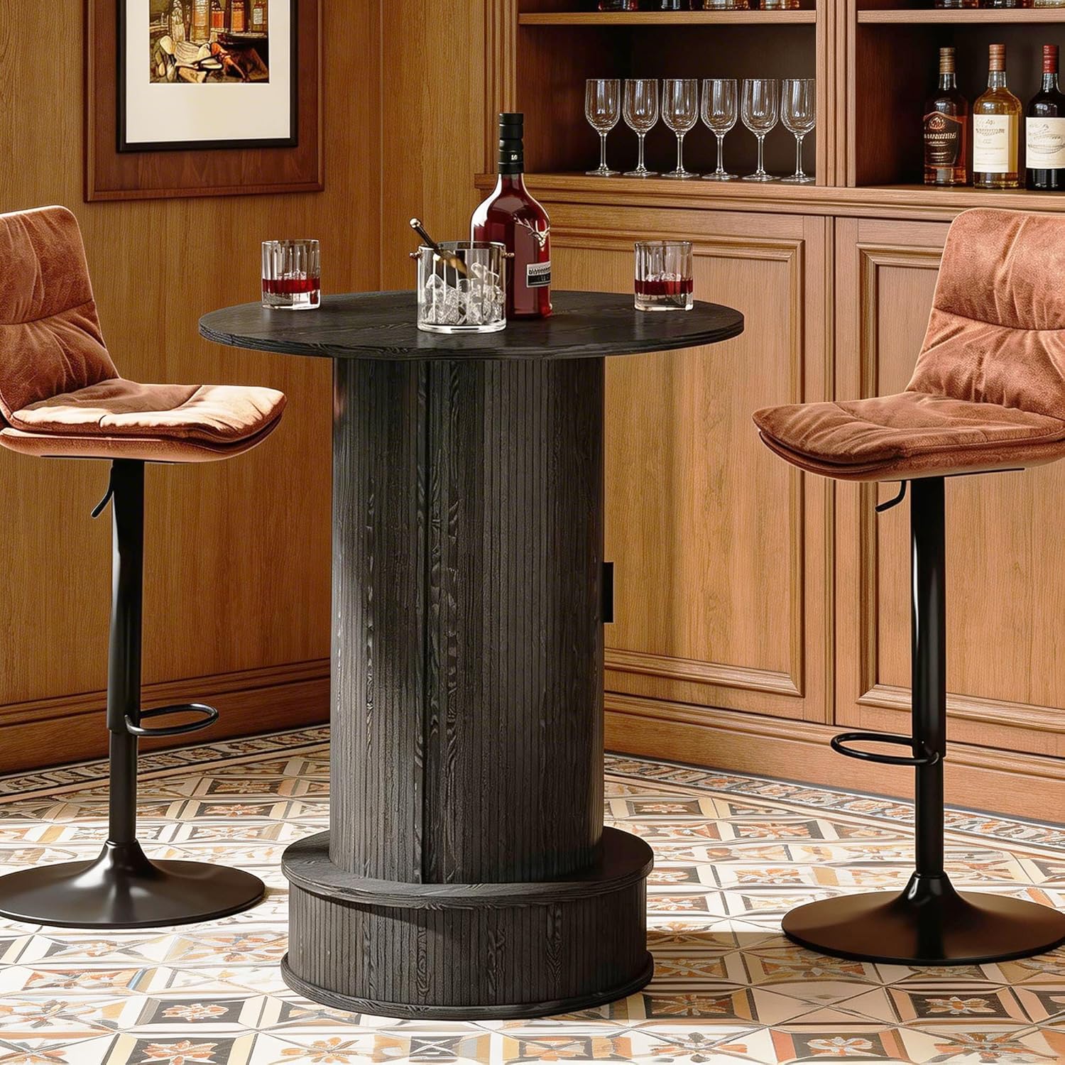 Small Round Bar Table with Slide Door & Hidden Storage, 38" High Bistro Pub Table with Footrest, Wooden Cocktail Table for Home Bar, Kitchen, Living Room, Black