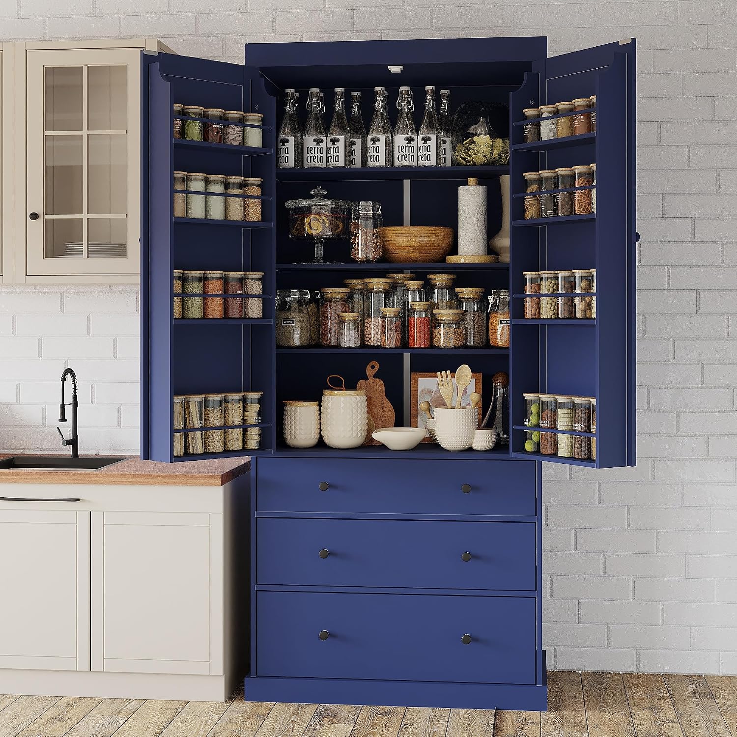 77inch Farmhouse Kitchen Pantry, Freestanding Tall Cupboard Storage Cabinet with 3 Adjustable Shelves, 8 Door Shelves, 3 Drawers for Kitchen, Dining Room, Blue