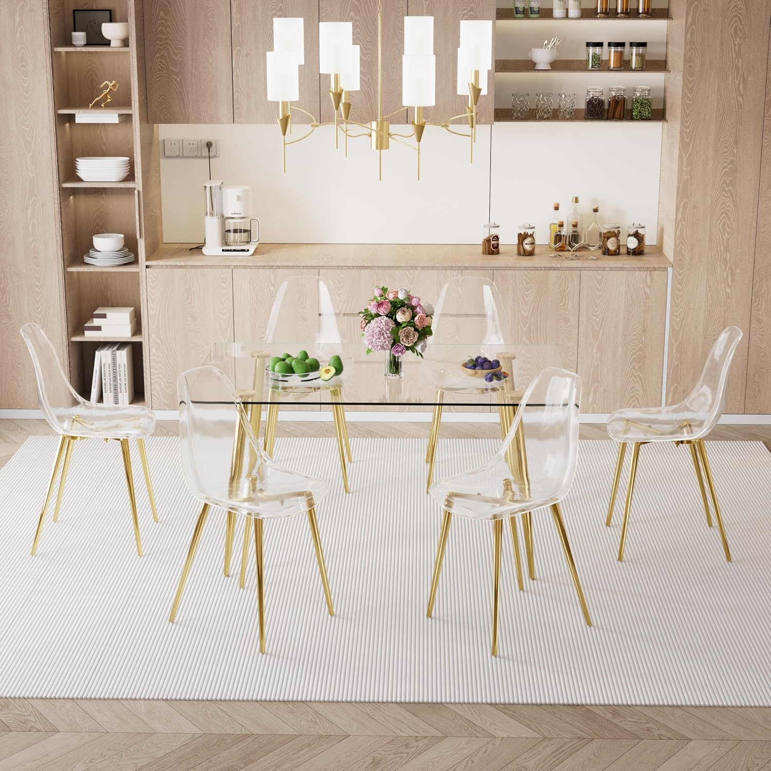 Baysitone 51 inch Glass Dining Table Set for 6, Dining Table & Chair Sets with Gold Metal Legs for Kitchen, Modern Rectangle Tempered Glass Table Top&Transparent Plastic Dining Chair for Dining Room