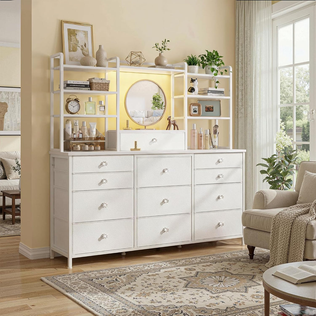Romorgniz White Dresser for Bedroom with 12 Drawers & LED Lights, Fabric Dressers & Chests of Drawers with Open Shelves, Vanity Dresser Organizer with Metal Frame Wooden Shelf for Entryway Closet