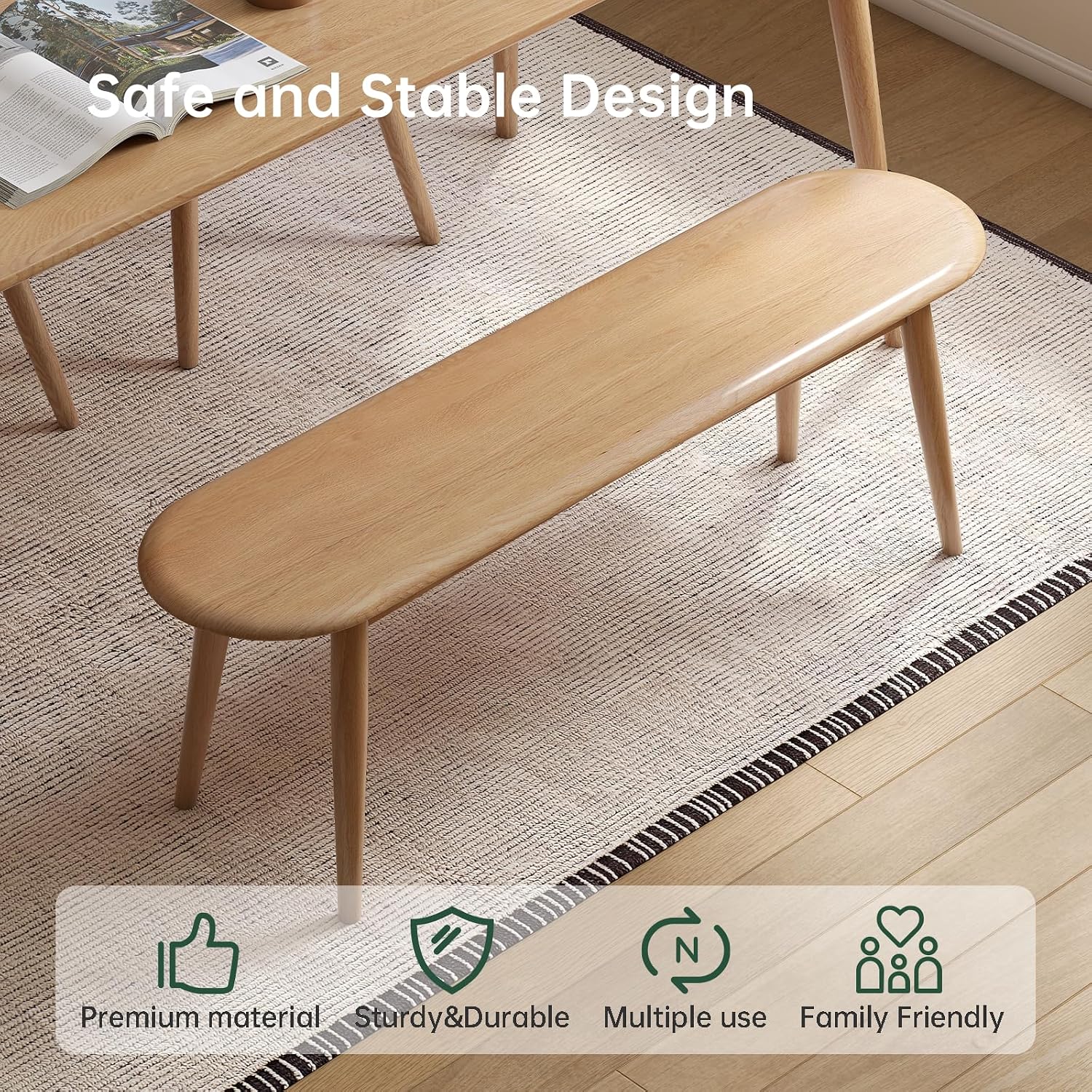 47'' 100% Solid Oak Wood Dining Bench,Rounded Corner Baguette Shape Chair Surface Design,Entryway Bedroom Bed End Bench (47.3inch, Natural Oak)