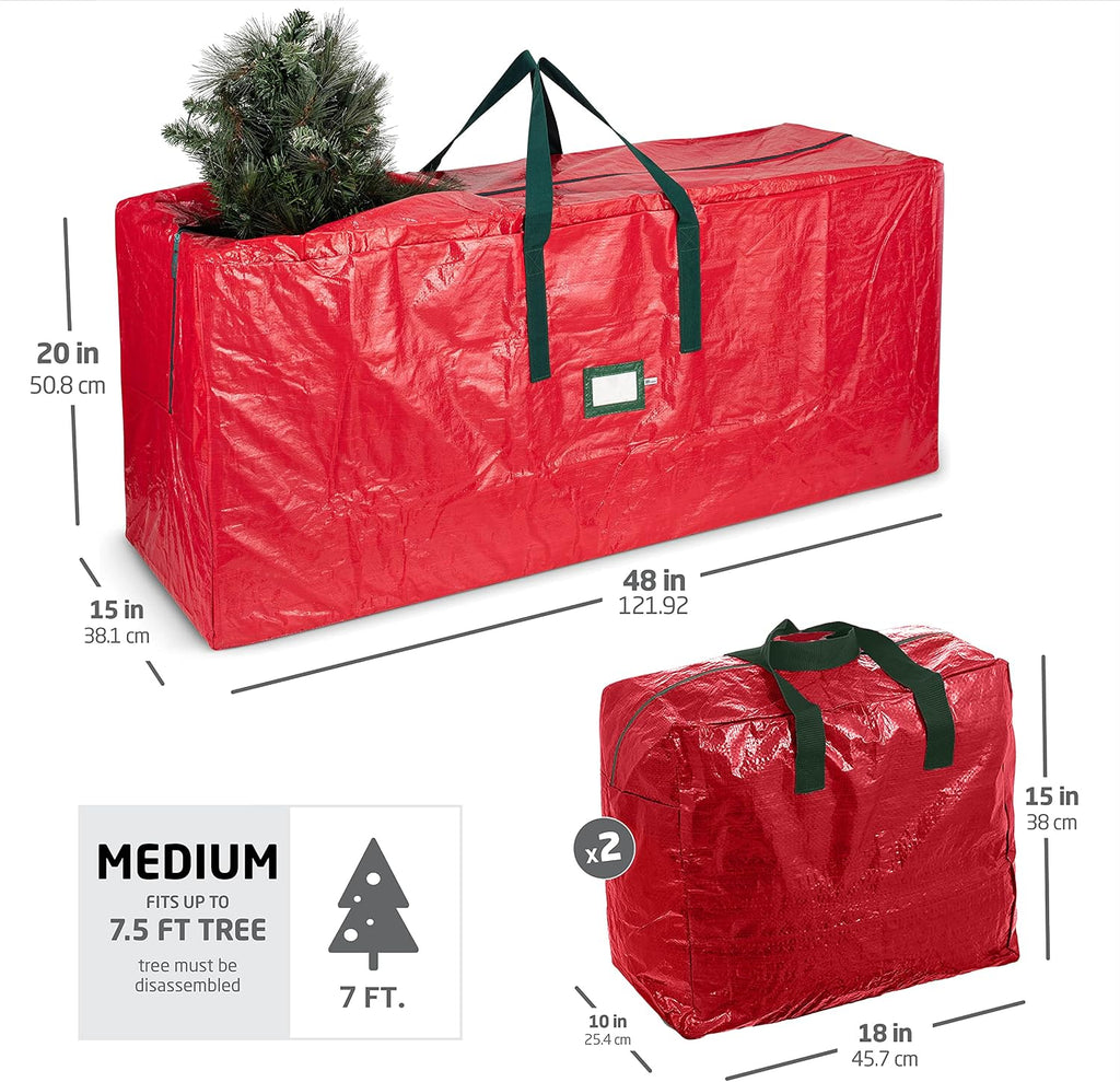 ZOBER Christmas Tree Storage Bag - With 2 Ornaments Accessories/Garland Bags - Fits 7.5 Ft Trees - Plastic, Waterproof Christmas Tree Bag For Storage Box For Xmas - Strong, Durable Handles - Red