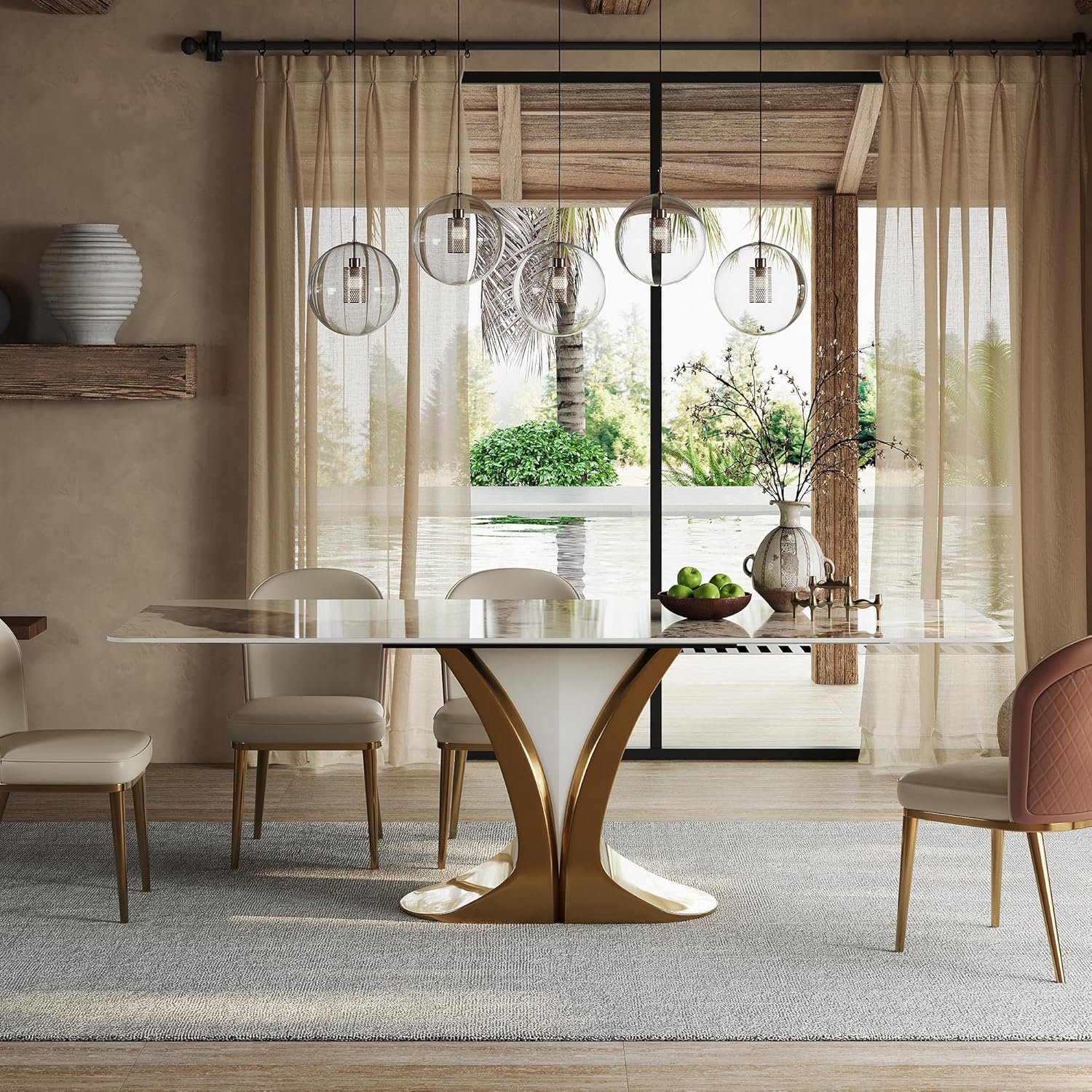71'' Rectangular Dining Table for 6-8 People, Modern Sintered Stone Kitchen Table Top with Gold Metal Legs, Luxury Dining Room Table with Faux Marble Tabletop for Home, Restaurant