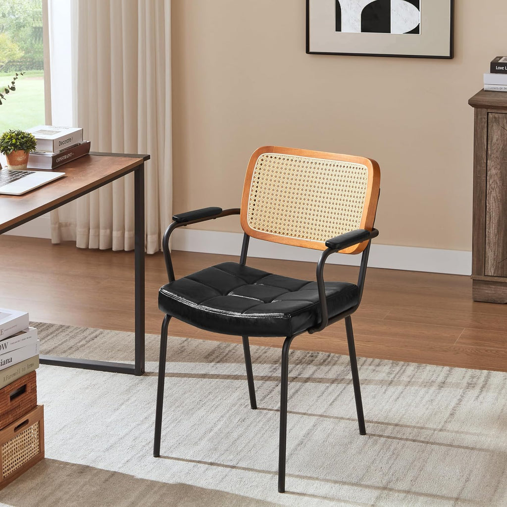 Art Leon Rattan Dining Chairs Set of 4 - Mid Century Modern Dining Chairs with Cane Back, Faux Leather Upholstered Kitchen Chairs, Accent Arm Chairs with Black Metal Legs, Black