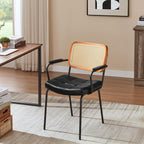 Art Leon Rattan Dining Chairs Set of 4 - Mid Century Modern Dining Chairs with Cane Back, Faux Leather Upholstered Kitchen Chairs, Accent Arm Chairs with Black Metal Legs, Black