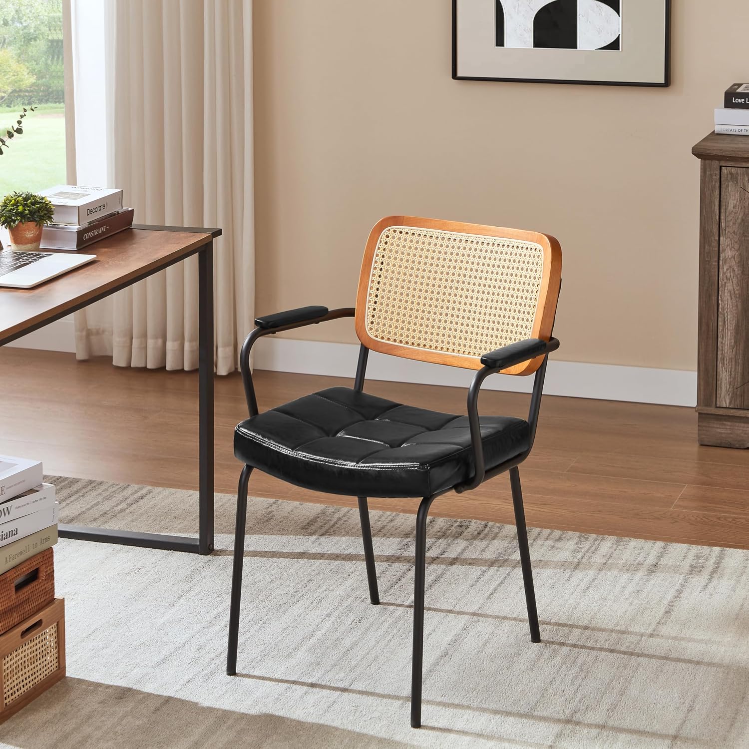 Art Leon Rattan Dining Chairs Set of 4 - Mid Century Modern Dining Chairs with Cane Back, Faux Leather Upholstered Kitchen Chairs, Accent Arm Chairs with Black Metal Legs, Black