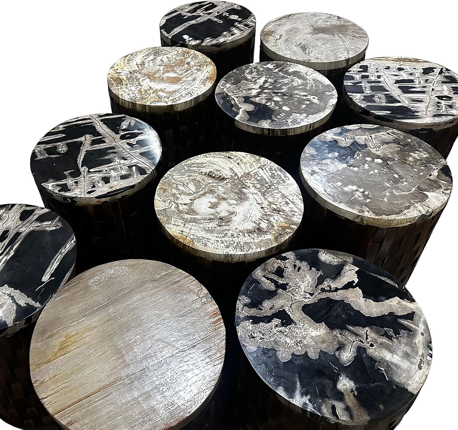 Bali & pari Lavanya End Table with Petrified Wood Top - Drum Accent Side Table with Recycled Teak Wood Frame for Living Room or Entryway