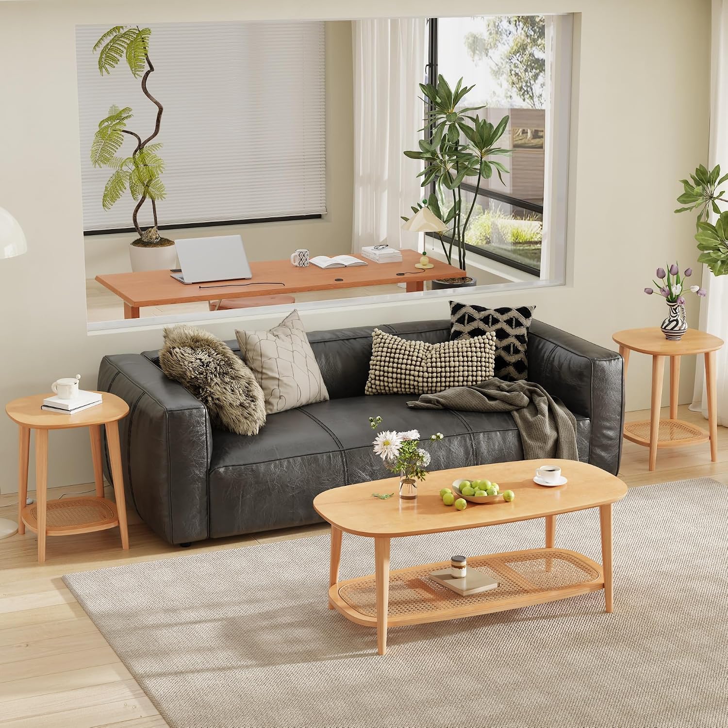 Boho End Table with Rattan Storage Shelf ,Square Sofa Beside Tables with Rounded Corners, Small Telephone Table- for Living Room, Vintage-Inspired Accent Corner Table, Natural Oak CJZ-D0635-OA