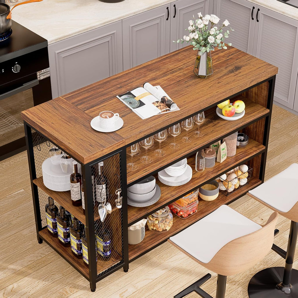 55" Kitchen Island with Seating & Storage, Farmhouse Island Table with 5-Tier Shelves, Large Countertop, Coffee Bar Cabinet with 2 Stemware Racks, Rustic Brown