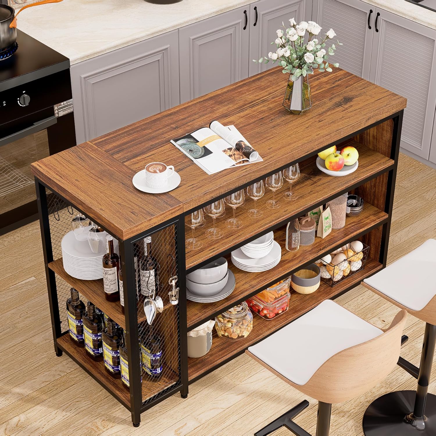 55" Kitchen Island with Seating & Storage, Farmhouse Island Table with 5-Tier Shelves, Large Countertop, Coffee Bar Cabinet with 2 Stemware Racks, Rustic Brown
