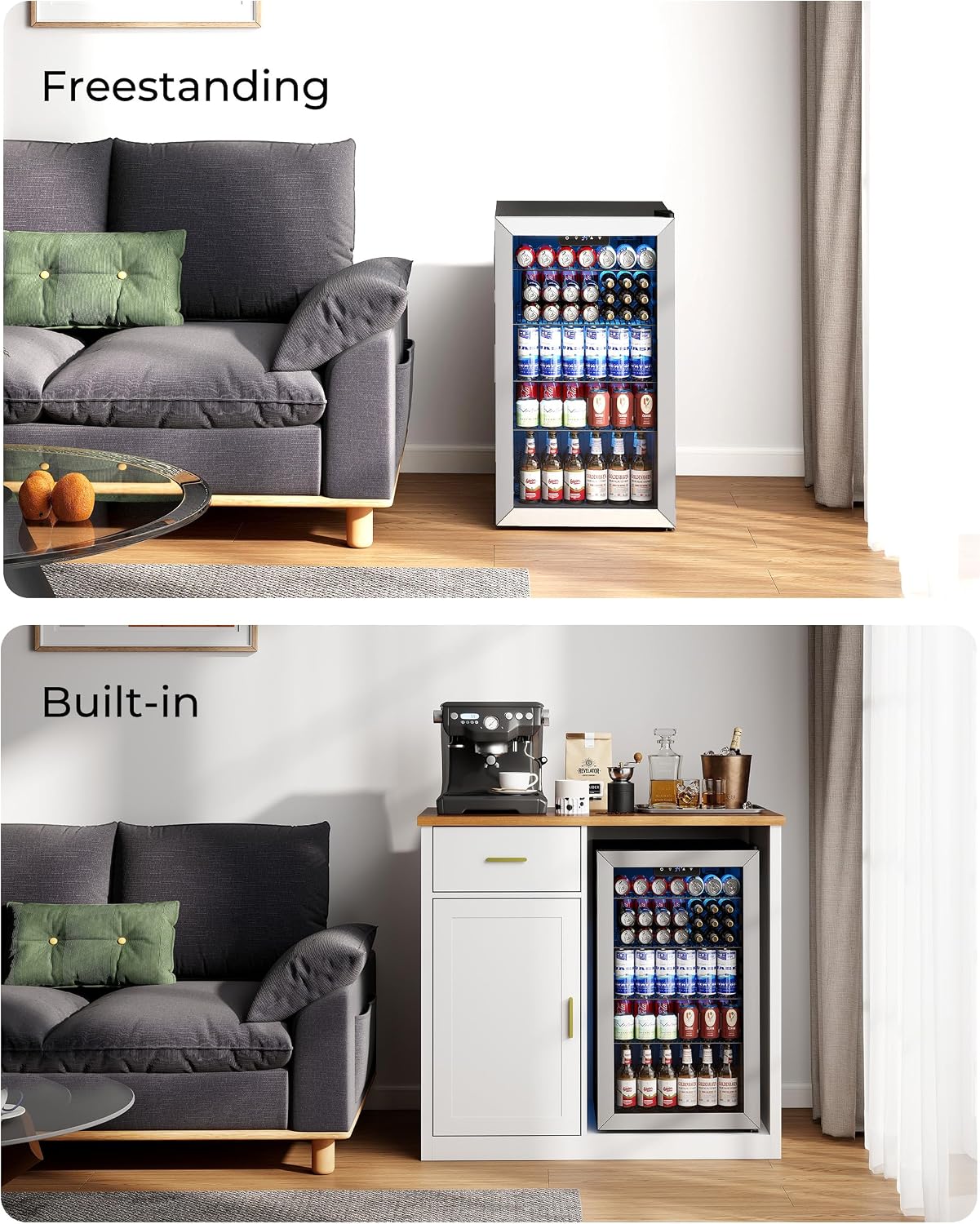 Coffee Bar Cabinet with Fridge Space, Bar Cabinet for Mini Fridge, Wine & Liquor Cabinet with Drawer and Storage, Modern Buffet Sideboard for Living Room, Dining Room or Home Bar, White