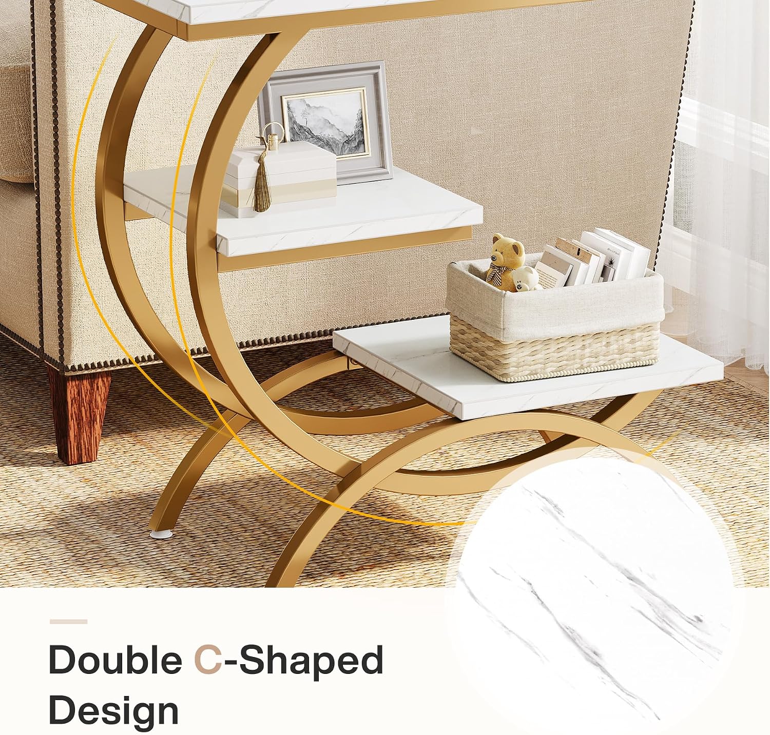 Tribesigns C-Shaped End Table, Industrial 3-Tier Small Side Table for Couch, Wood Bedside Table Snack Side Table with Storage Shelves for Living Room Small Space, White Gold