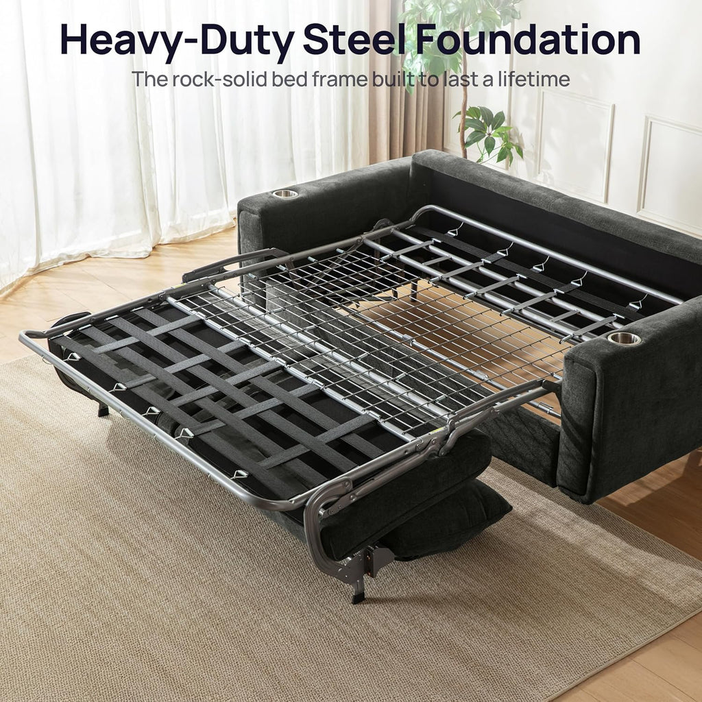 Pull Out Sofa Bed, No Cushion Removal, Queen Sleeper Sofa with USB Fast Charging, Memory Form Mattress, 2-in-1 Convertible Comfy Loveseat Couch Bed for RV, Apartment, and Small Spaces (Dark Grey)