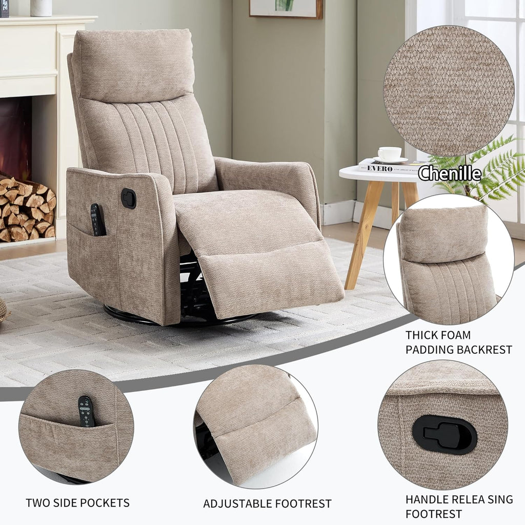 Swivel Rocker Recliner Chair, Nursery Rocking Chair with Heat and Massage, Glider Reclining Chair for Living Room Small Space Bedroom, Chenille Khaki